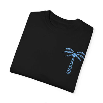 Black Palm Tree Logo T-Shirt made of 100% cotton with a blue palm tree design.