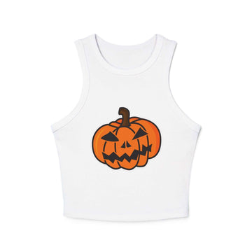Women's Halloween Pumpkin Racer Tank Top with high neck and pumpkin design, perfect chic holiday apparel.