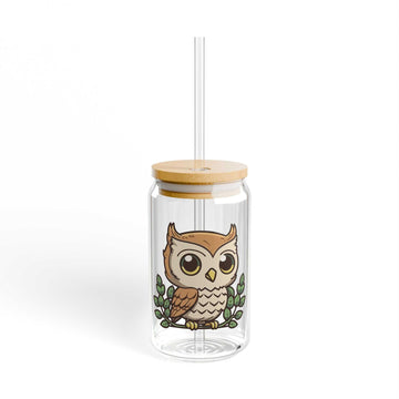 Cute Owl Sipper Glass with straw, vibrant 16oz design, perfect for all ages and occasions.