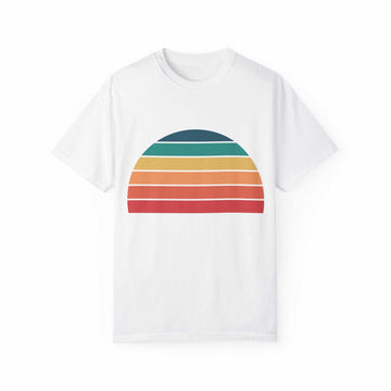 Retro Sunset Garment-Dyed T-Shirt with colorful stripe design on white fabric.