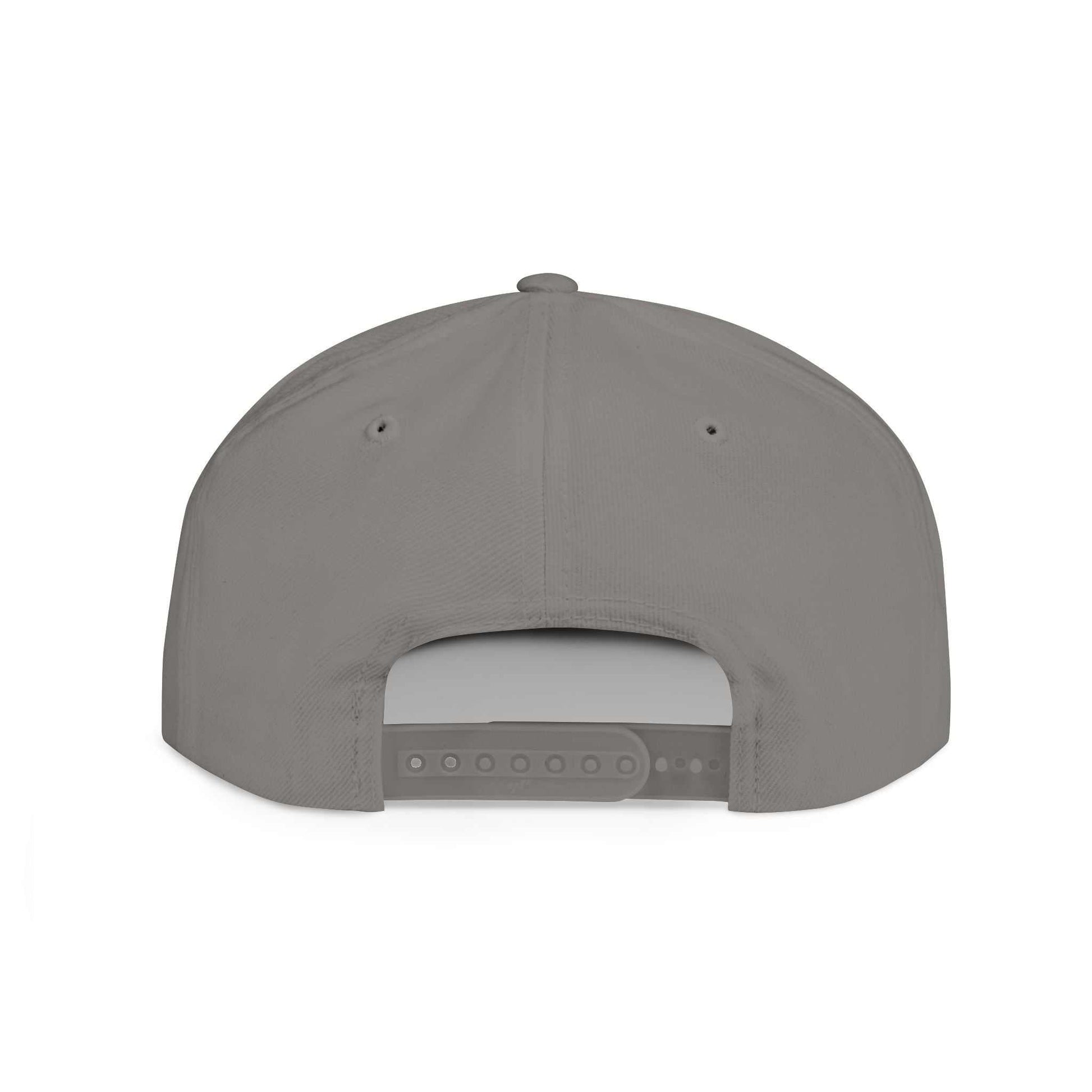 Stylish flat bill snapback cap with adjustable snap closure in gray, back view.