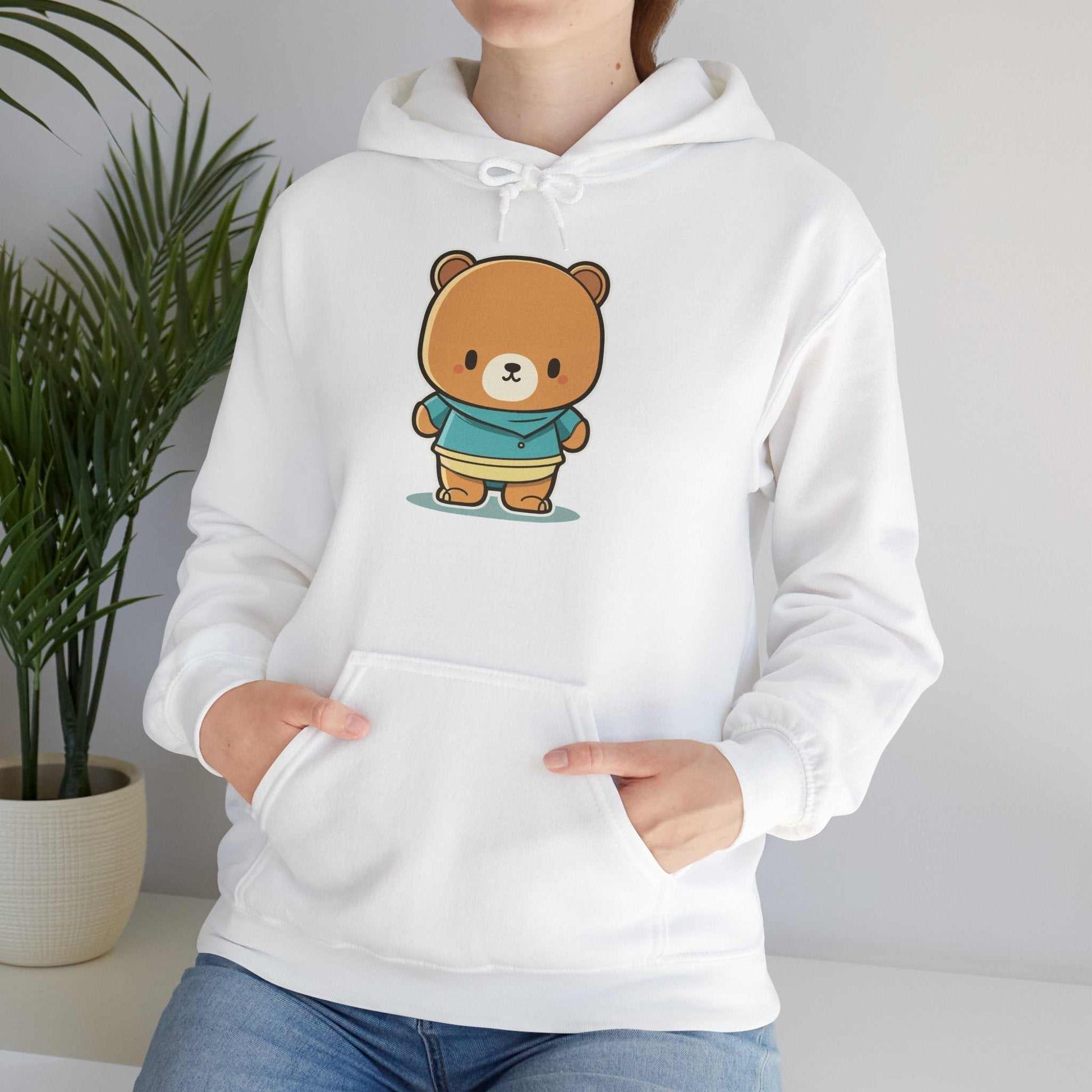 Heavy hooded teddy sweatshirt with kangaroo pocket and teddy bear graphic design.