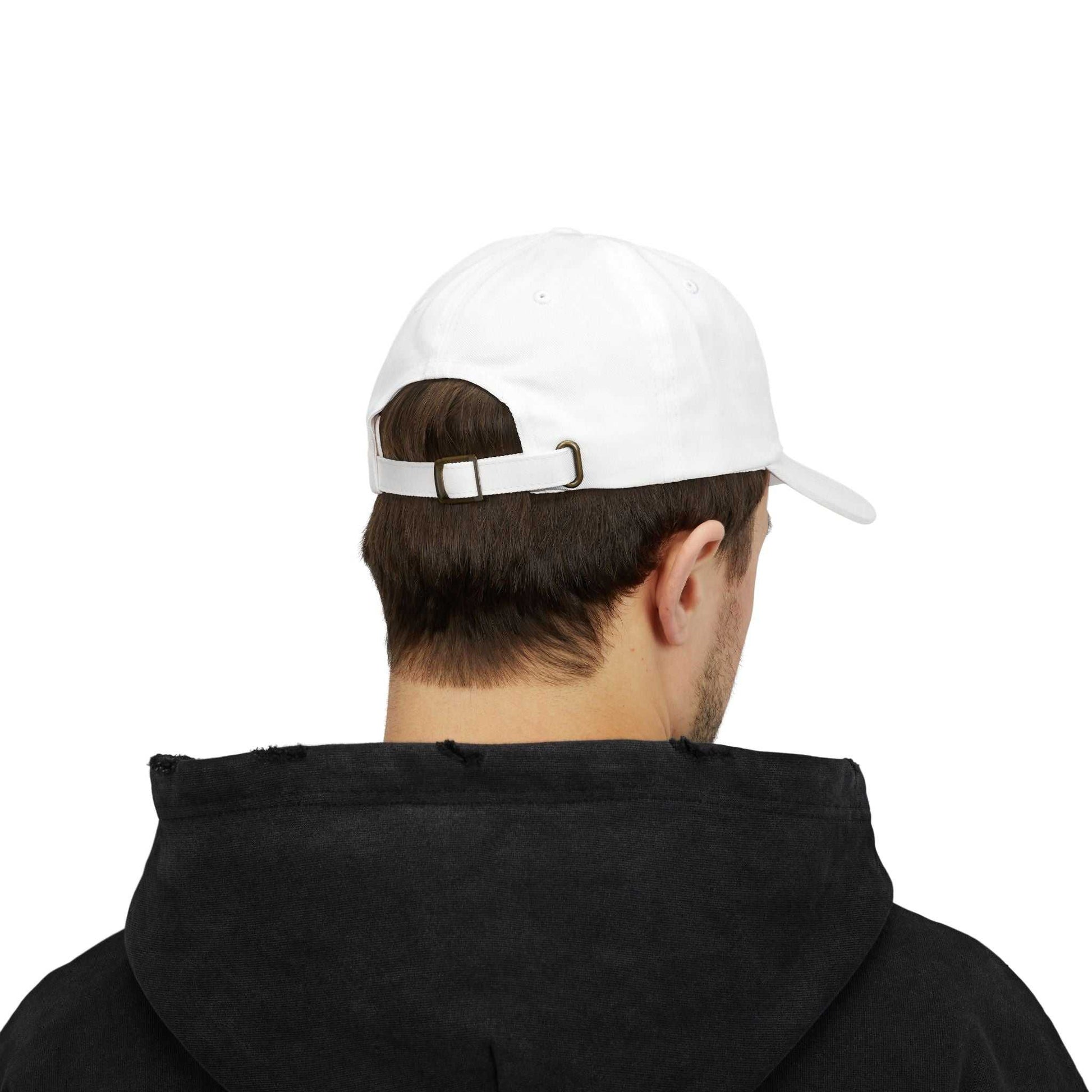 White Maple Leaf Dad Cap with adjustable snap closure and precurved visor, worn by a person viewed from the back.