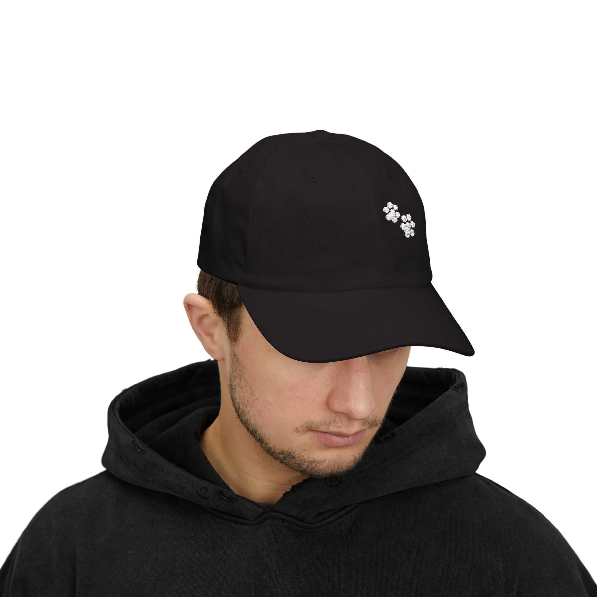 Classic Dad Cap with Paw Print design, adjustable fit, black color, perfect for casual outfits and pet lovers.