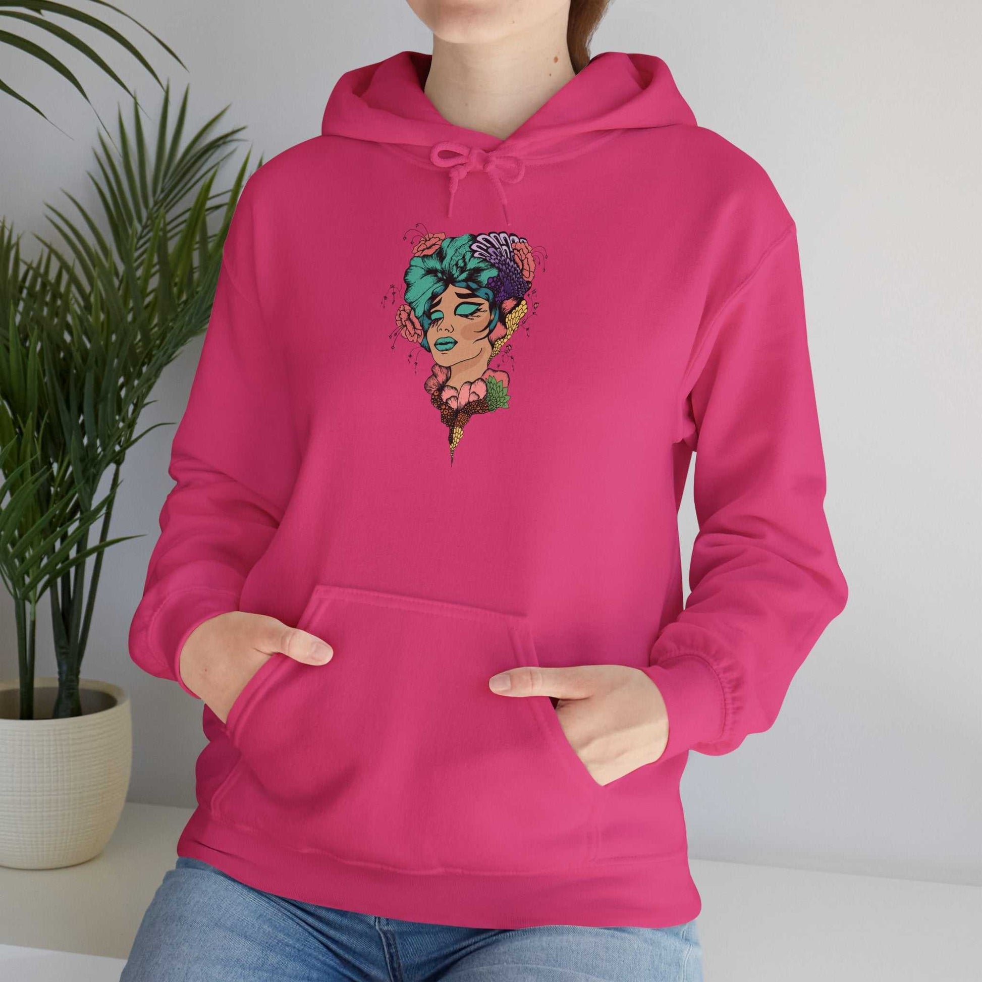 Boho Style hooded sweatshirt with colorful design, featuring kangaroo pocket and drawstring hood, ideal for expressing unique style.