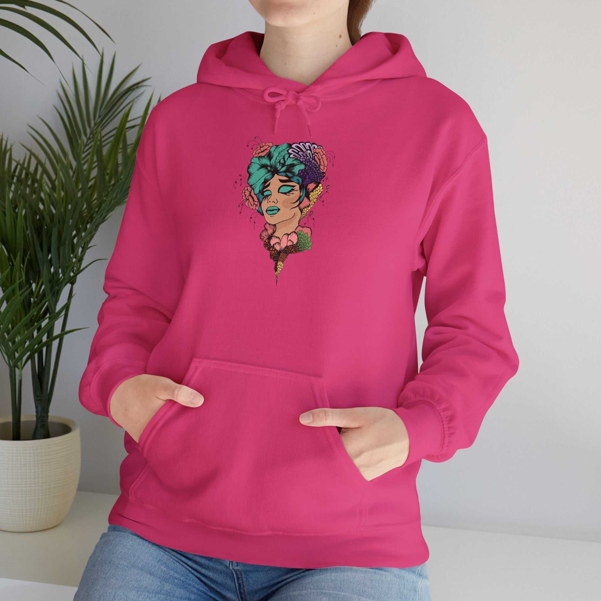 Boho Style hooded sweatshirt with colorful design, featuring kangaroo pocket and drawstring hood, ideal for expressing unique style.