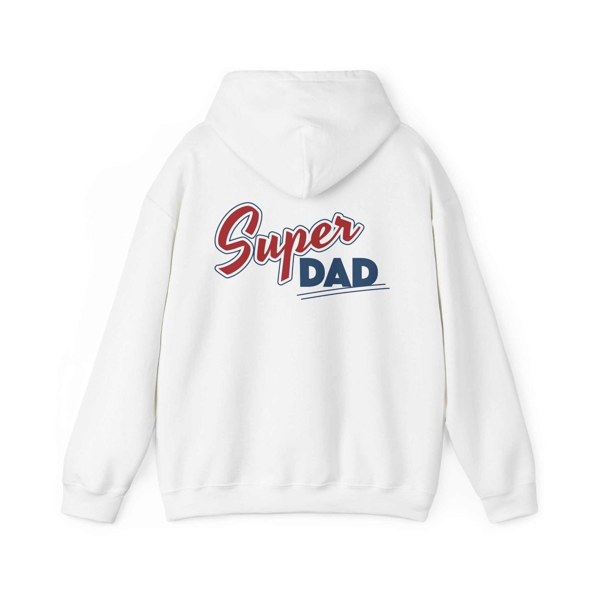 White "Super Dad" hoodie with playful graphic text, featuring cozy fabric and a spacious kangaroo pocket, ideal for Father's Day.