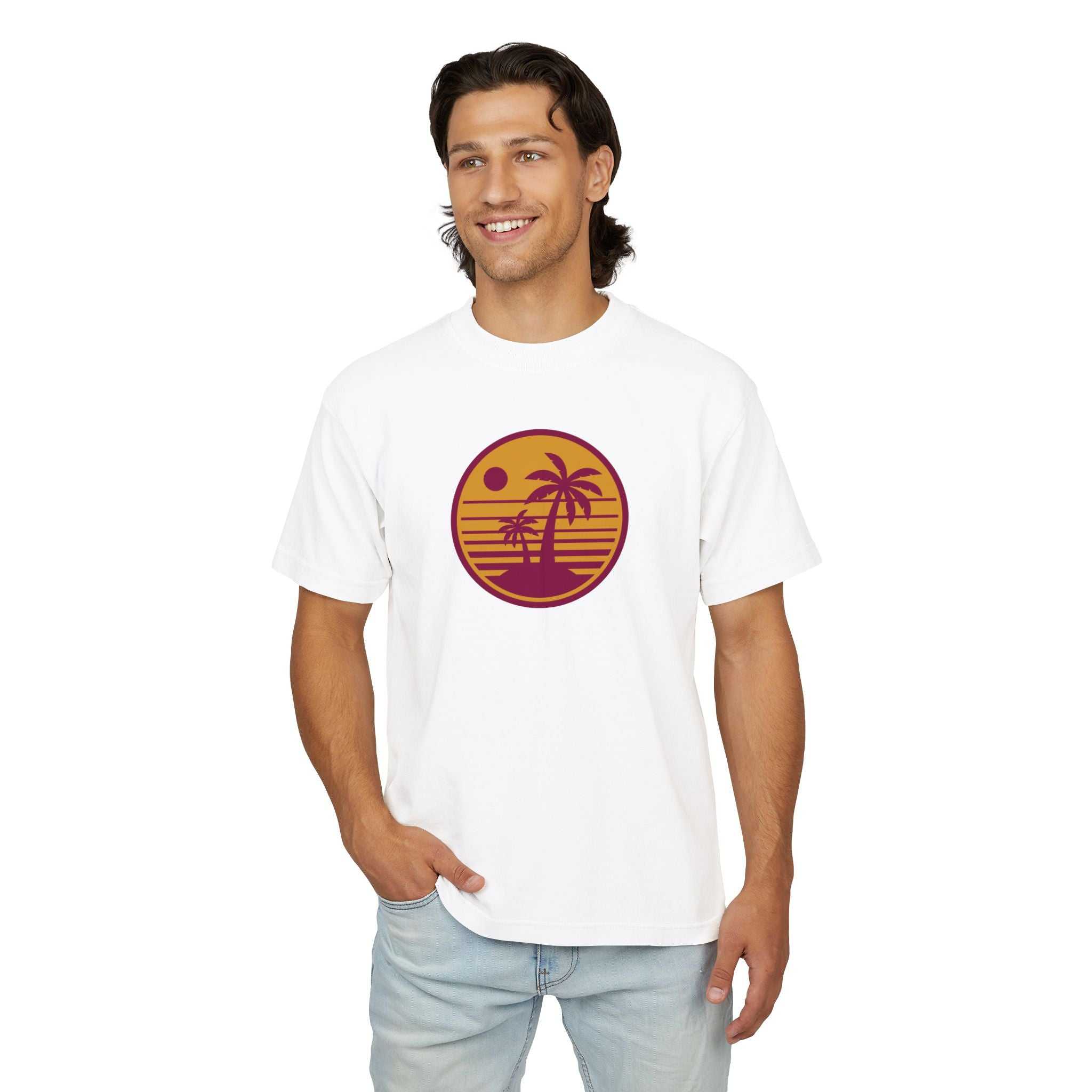 Urban Heavy Tee with retro sunset palm tree design for casual style.