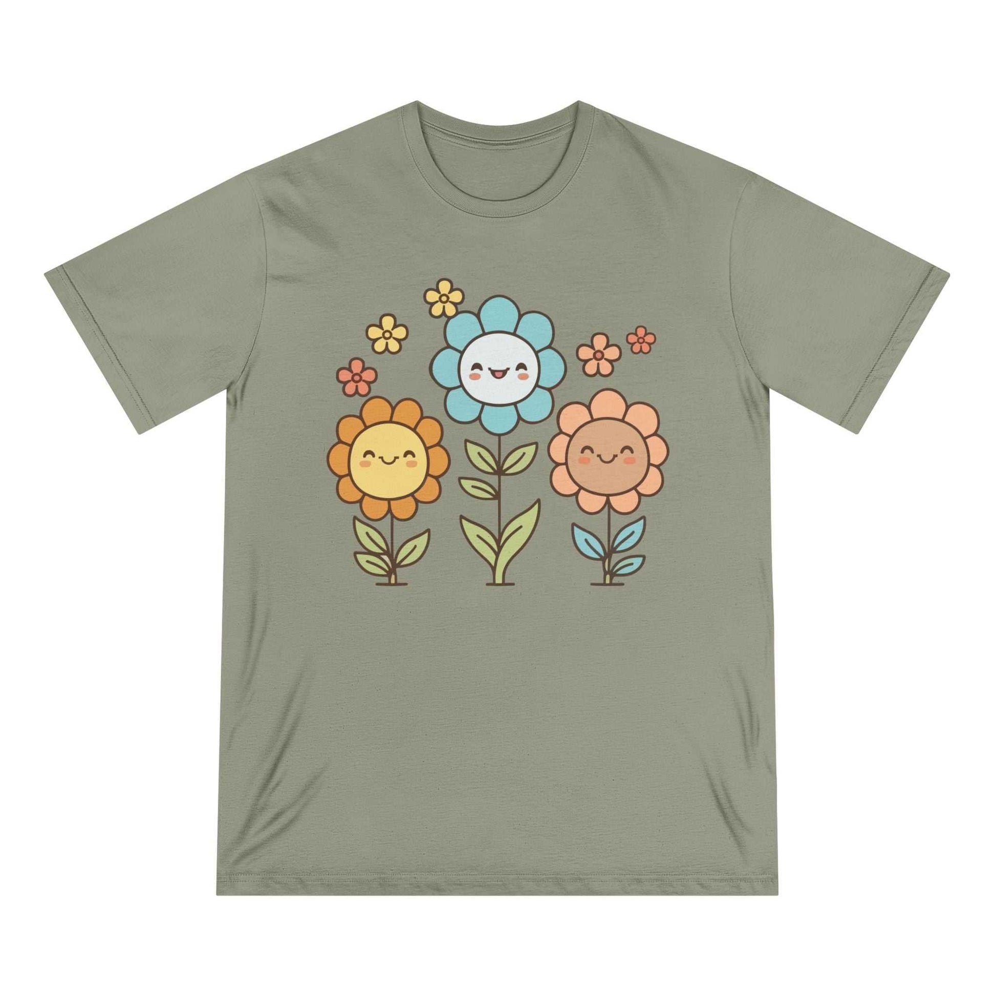 Eco-friendly organic T-shirt with cute floral smiley design on olive fabric.