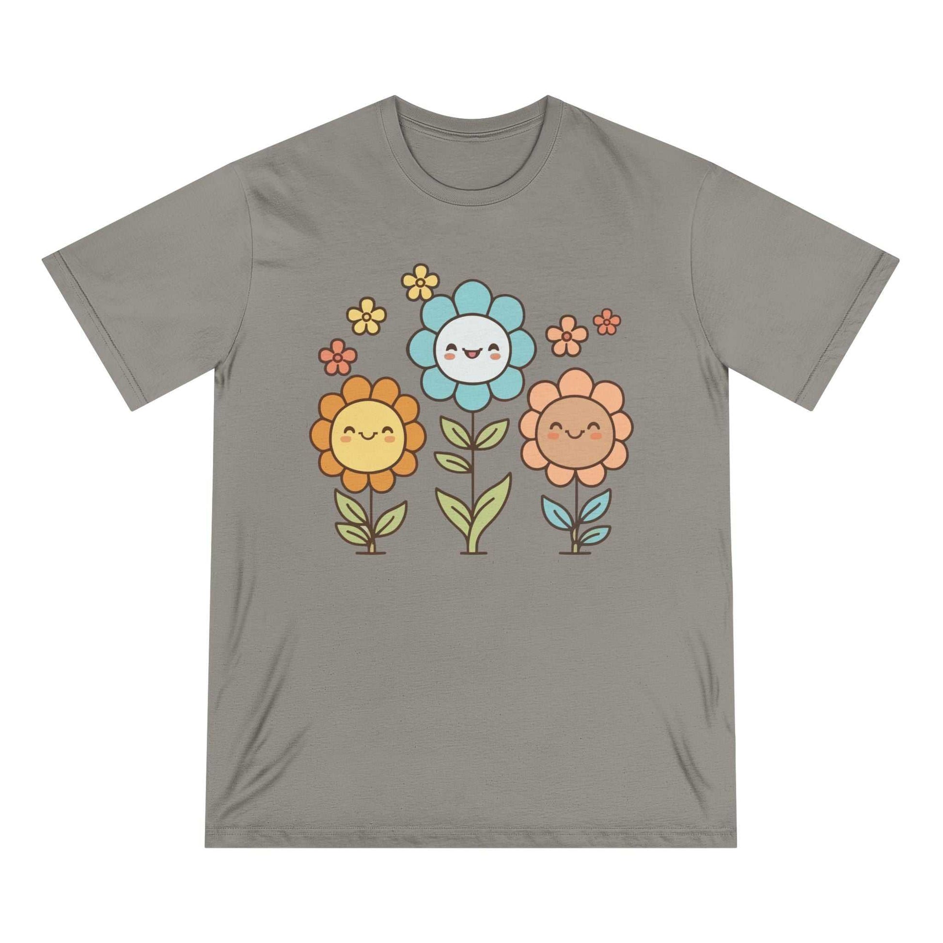 Eco-friendly organic t-shirt with cute floral smiley design, made from 100% organic cotton.