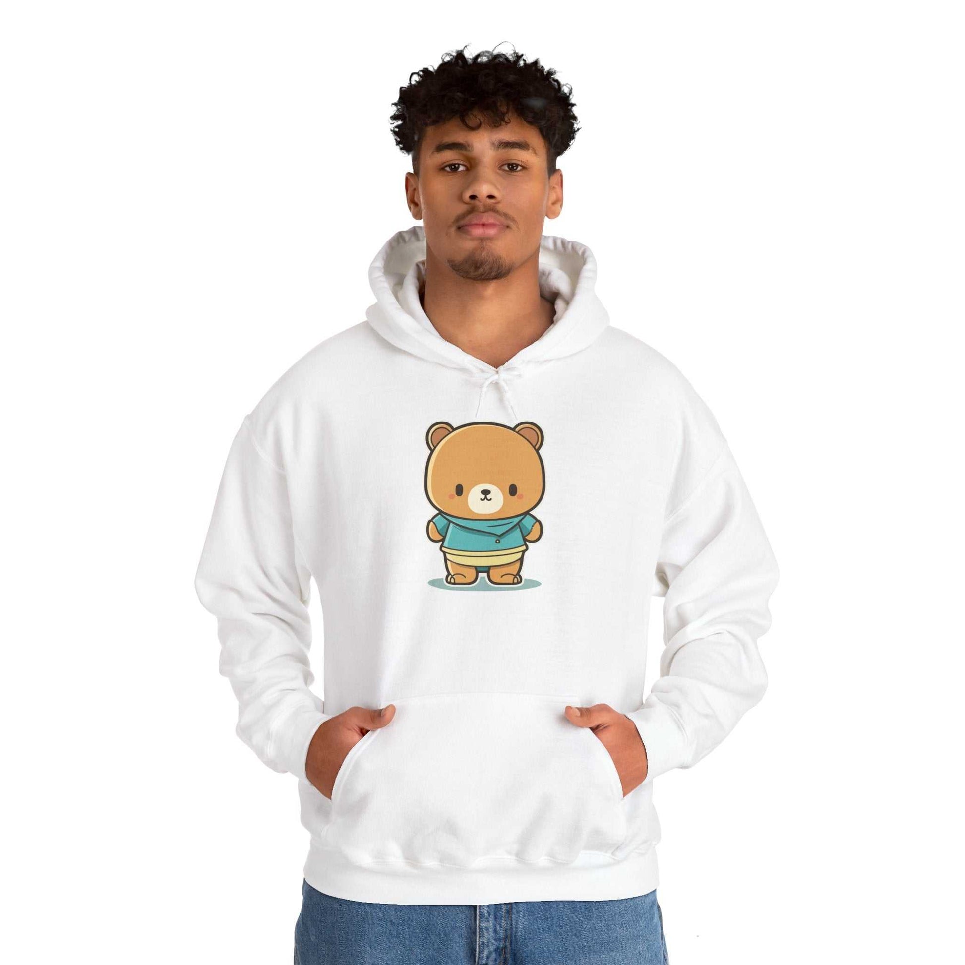 White Heavy Hooded Teddy Sweatshirt with front kangaroo pocket, featuring a cute teddy bear graphic, made from cotton and polyester blend.