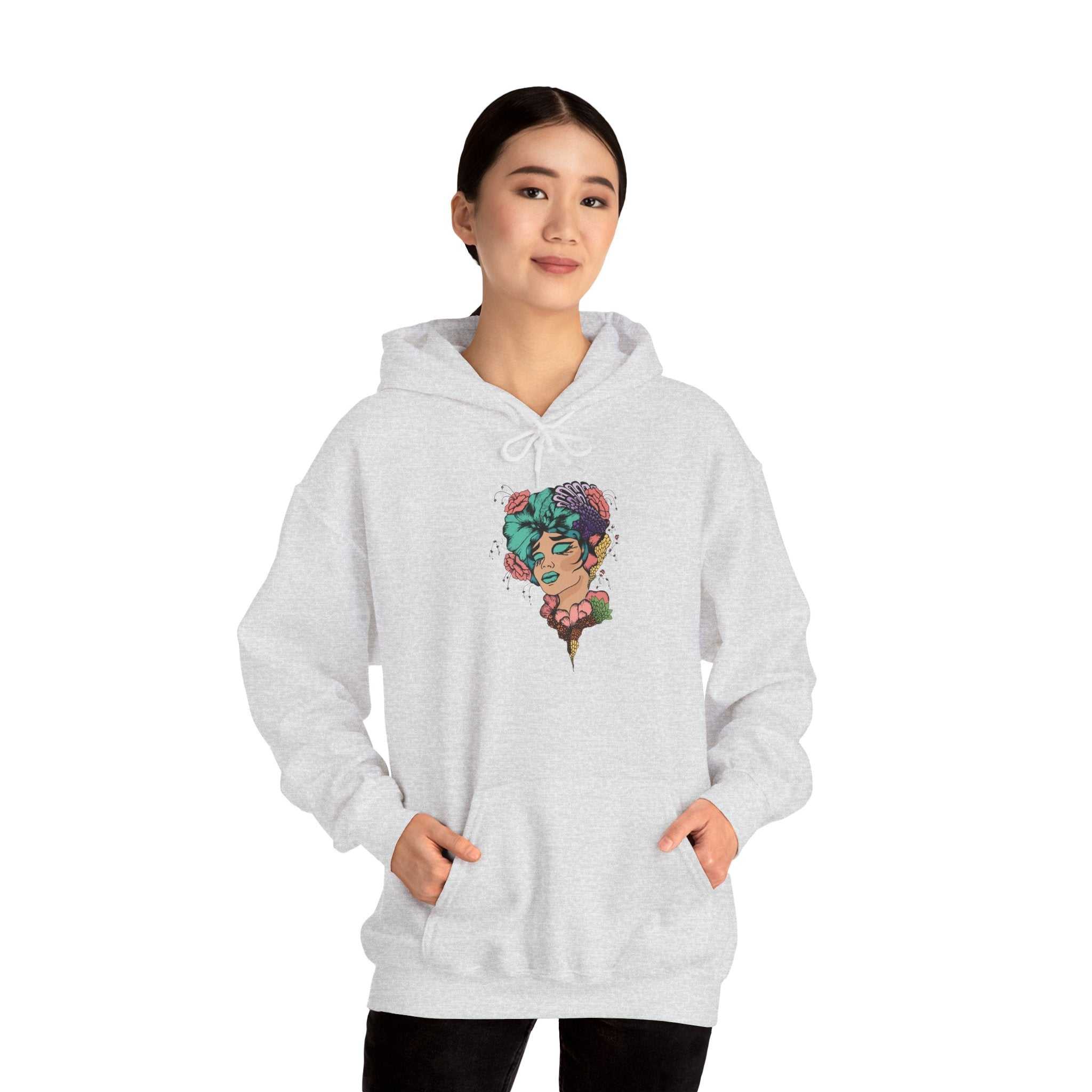 Unisex boho style hooded sweatshirt with artistic design, featuring a drawstring hood and kangaroo pouch pocket.