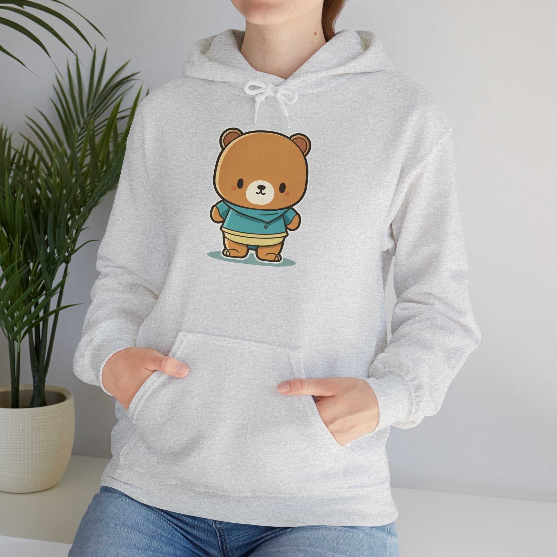 Heavy Hooded Teddy Sweatshirt with cozy teddy bear print, perfect for cold days.