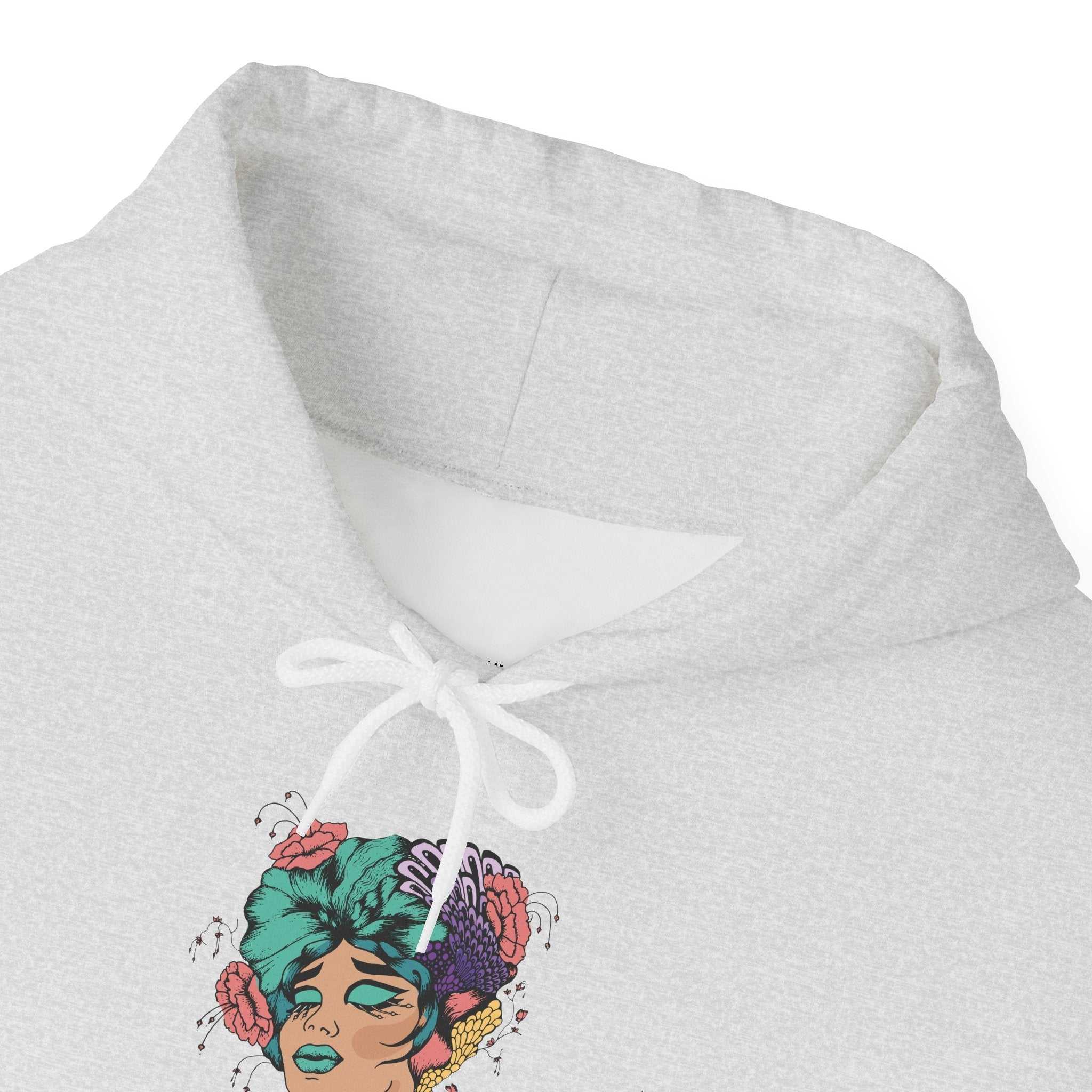 Boho Style hooded sweatshirt with colorful artwork, featuring adjustable drawstring and cozy design.