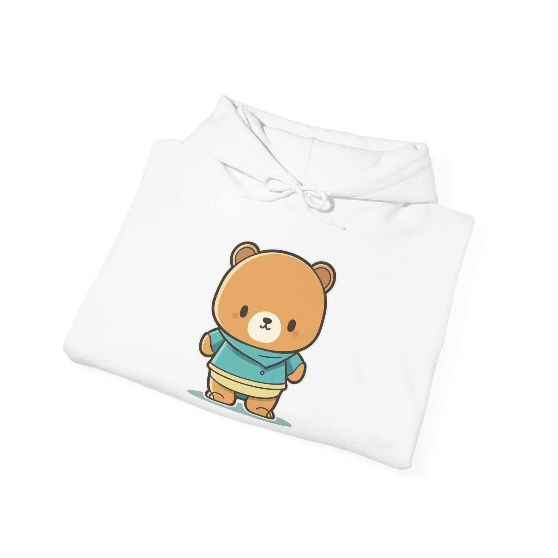 Heavy hooded teddy sweatshirt with cartoon bear design, folded.