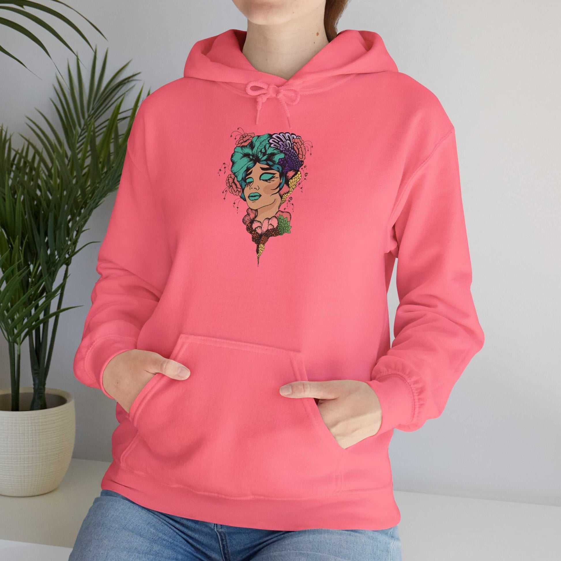 Boho Style Hooded Sweatshirt, unisex, vibrant pink design, cozy kangaroo pocket, adjustable drawstring, relaxed fit.