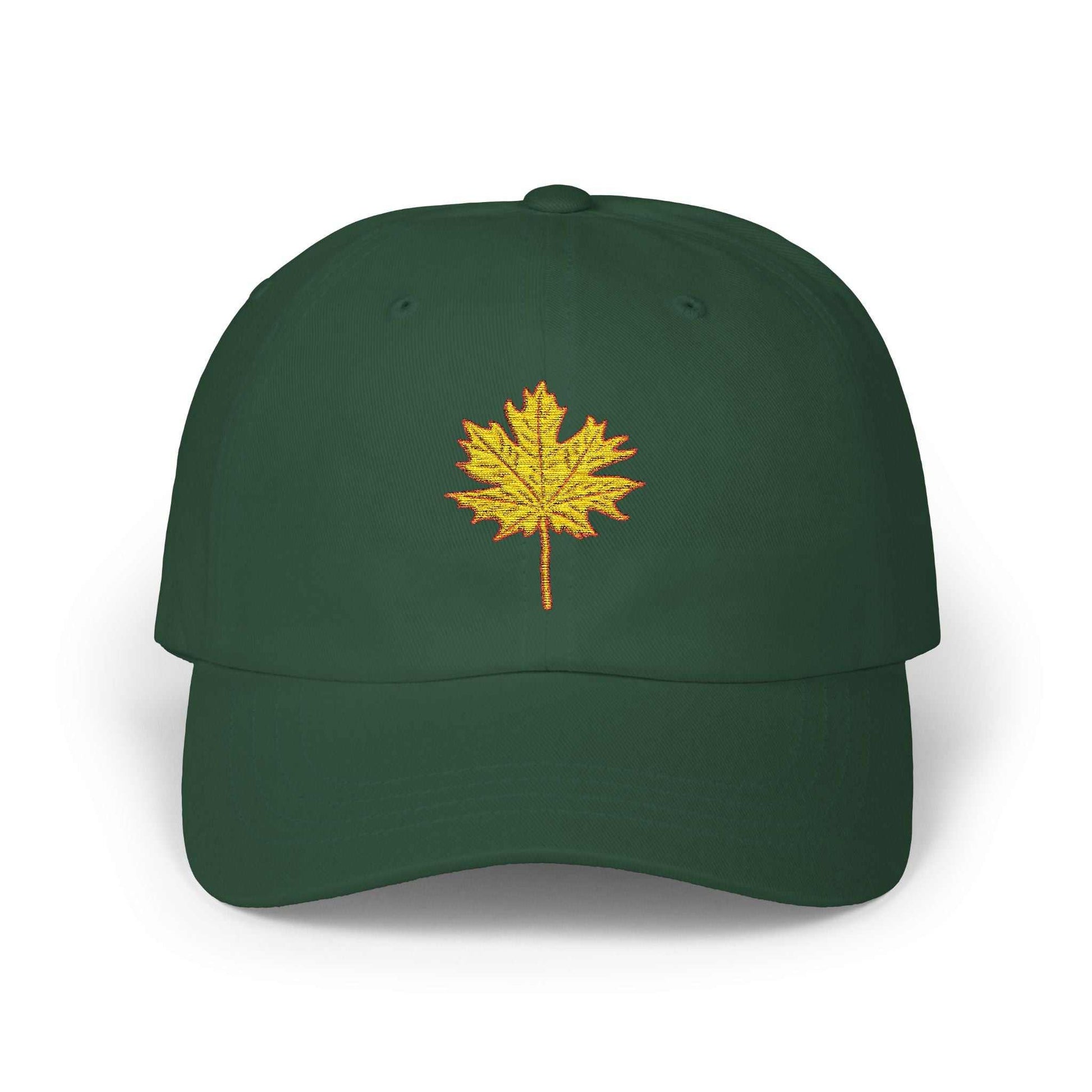 Green Maple Leaf Dad Cap with yellow embroidered leaf design.