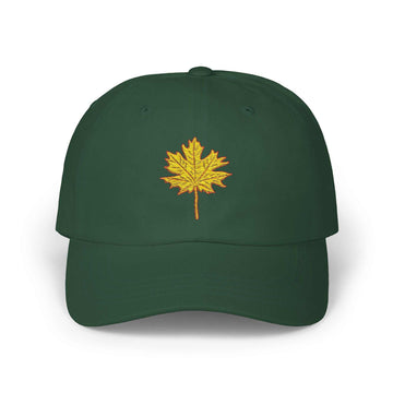 Green Maple Leaf Dad Cap with yellow embroidered leaf design.
