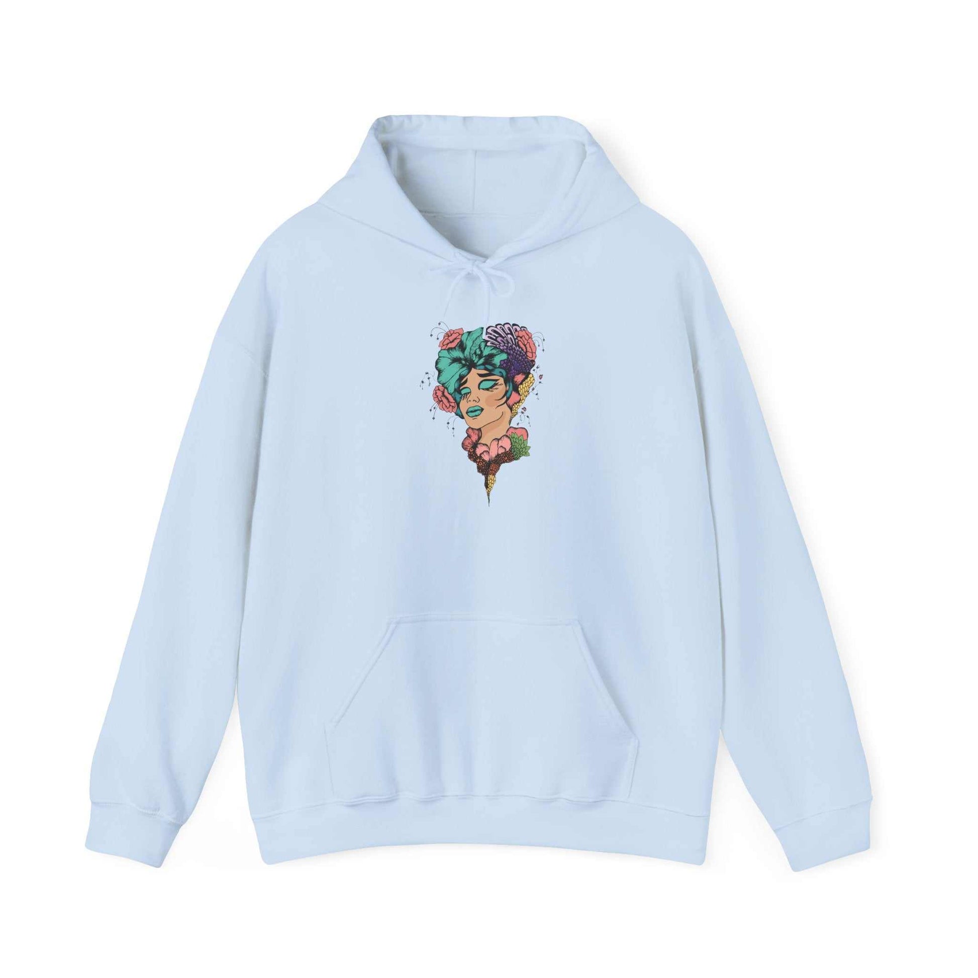 Boho Style hooded sweatshirt featuring colorful design on light blue fabric.