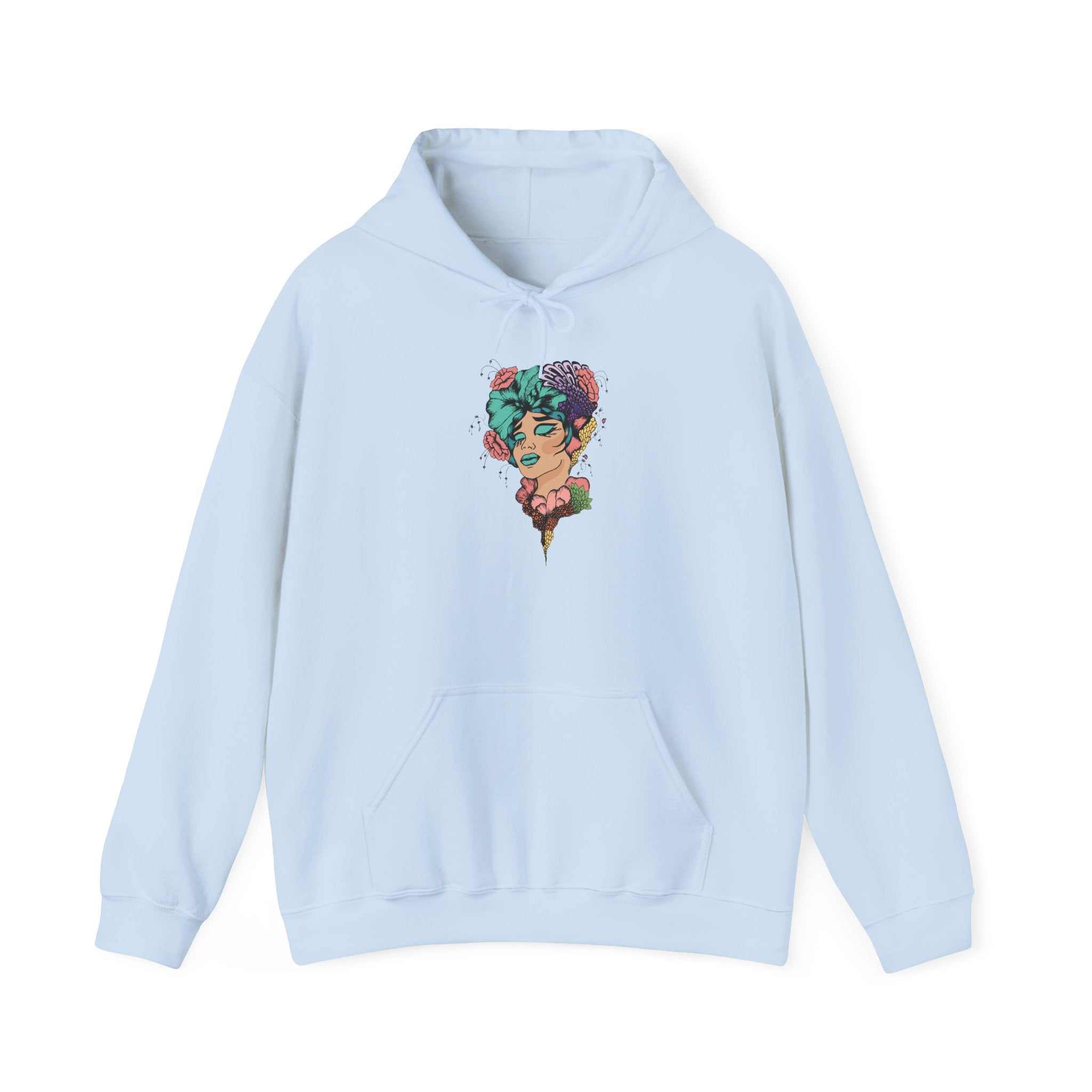 Boho Style hooded sweatshirt featuring colorful design on light blue fabric.