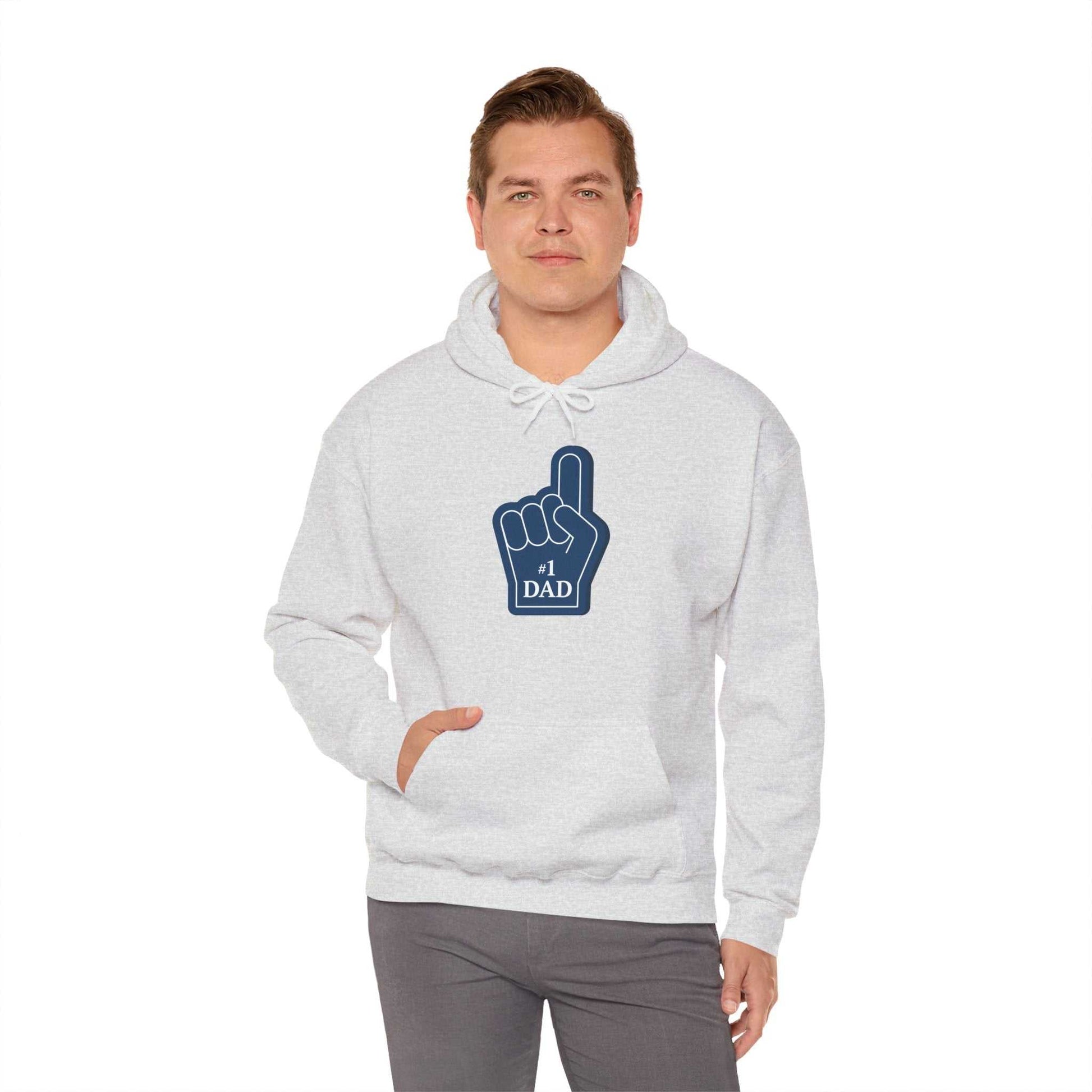 "#1 Super Dad" graphic hoodie in gray, ideal for Father's Day, featuring a kangaroo pocket and adjustable hood for comfort and style.