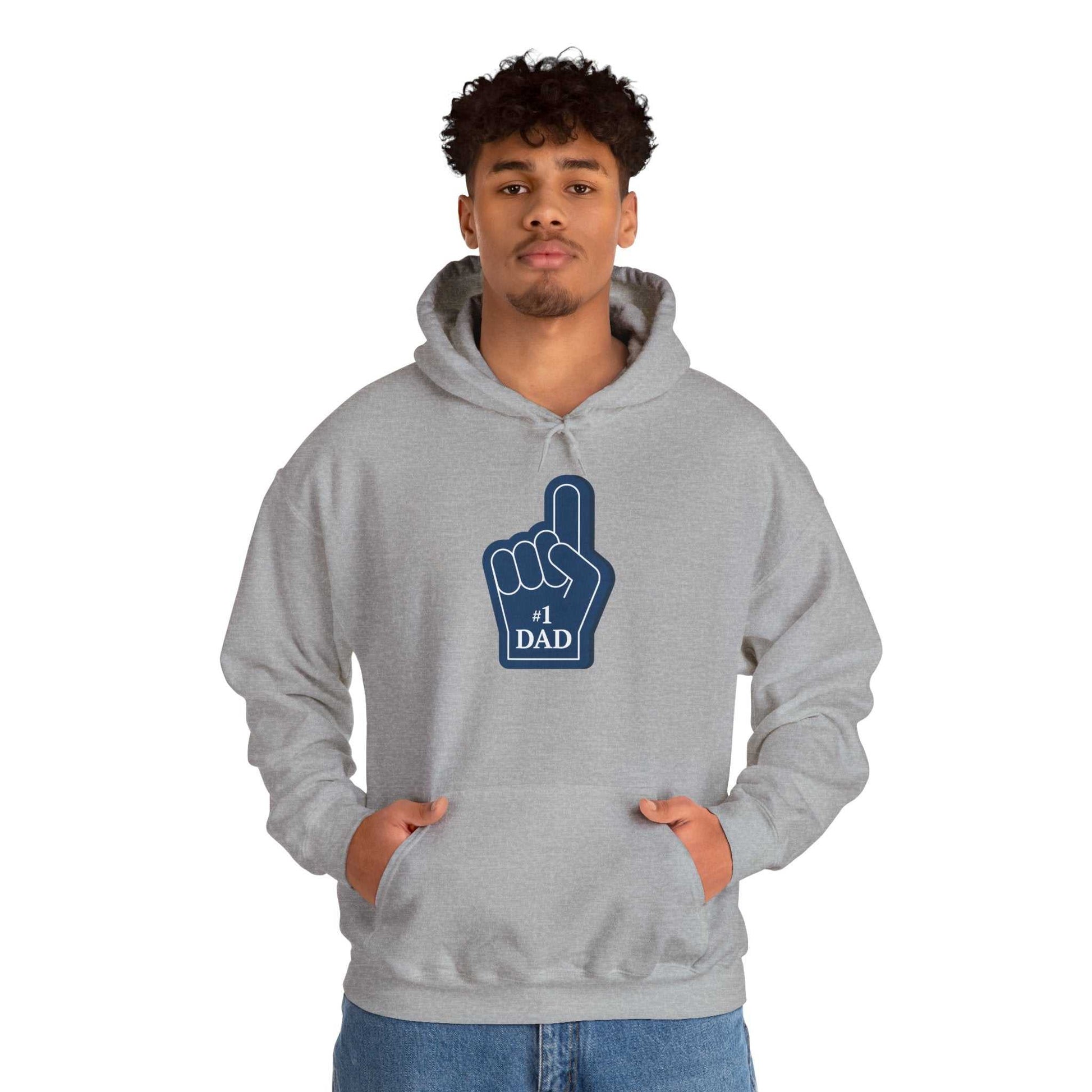 Gray "Super Dad" hoodie with #1 Dad graphic, ideal for Father's Day.