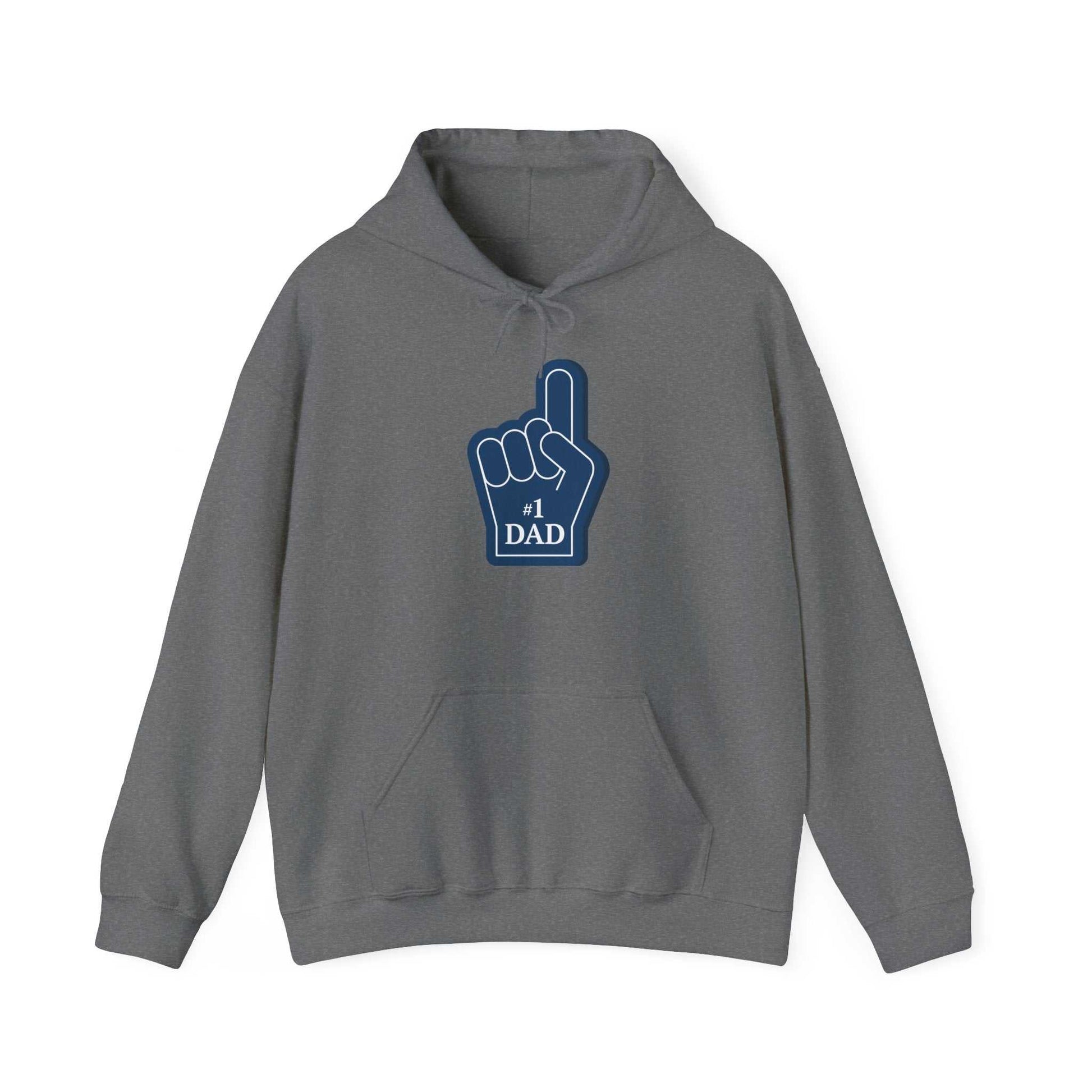 Super Dad Hoodie with '#1 DAD' graphic, cozy kangaroo pocket, medium-heavy fabric for warmth.
