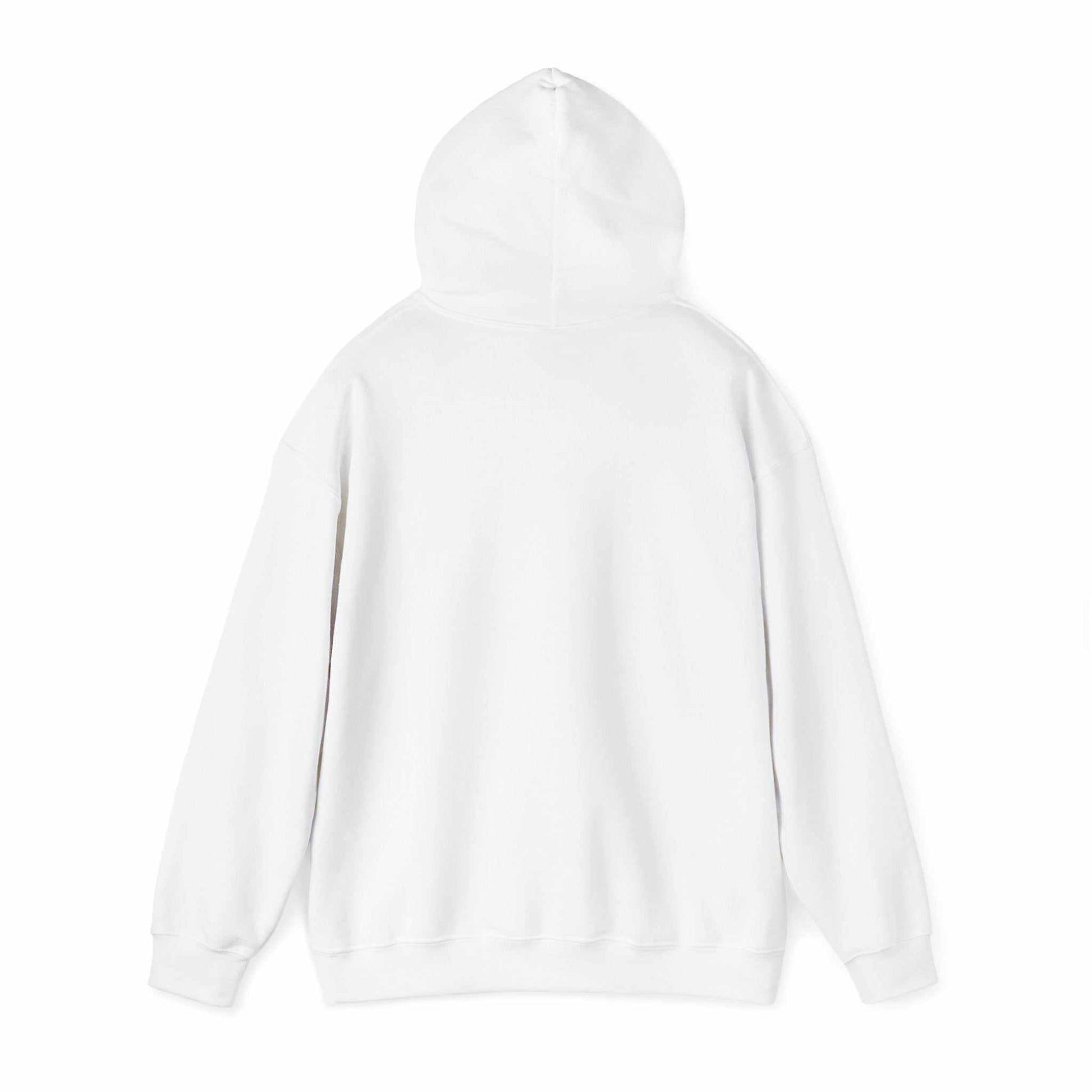 Back view of white Heavy Hooded Teddy Sweatshirt made of cotton and polyester blend with a cozy hood.