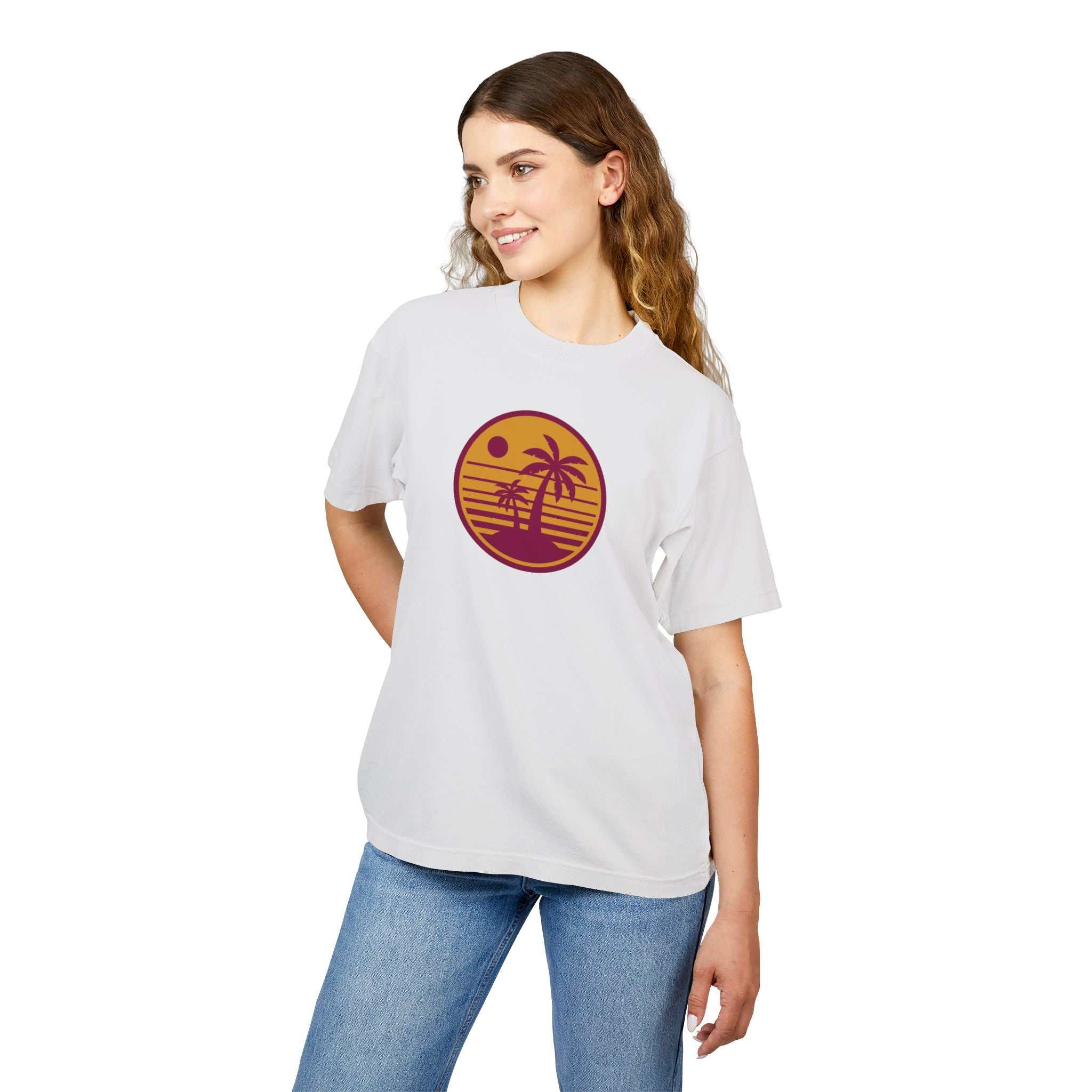 Unisex Urban Heavy Tee with retro sunset palm tree design, casual fit.