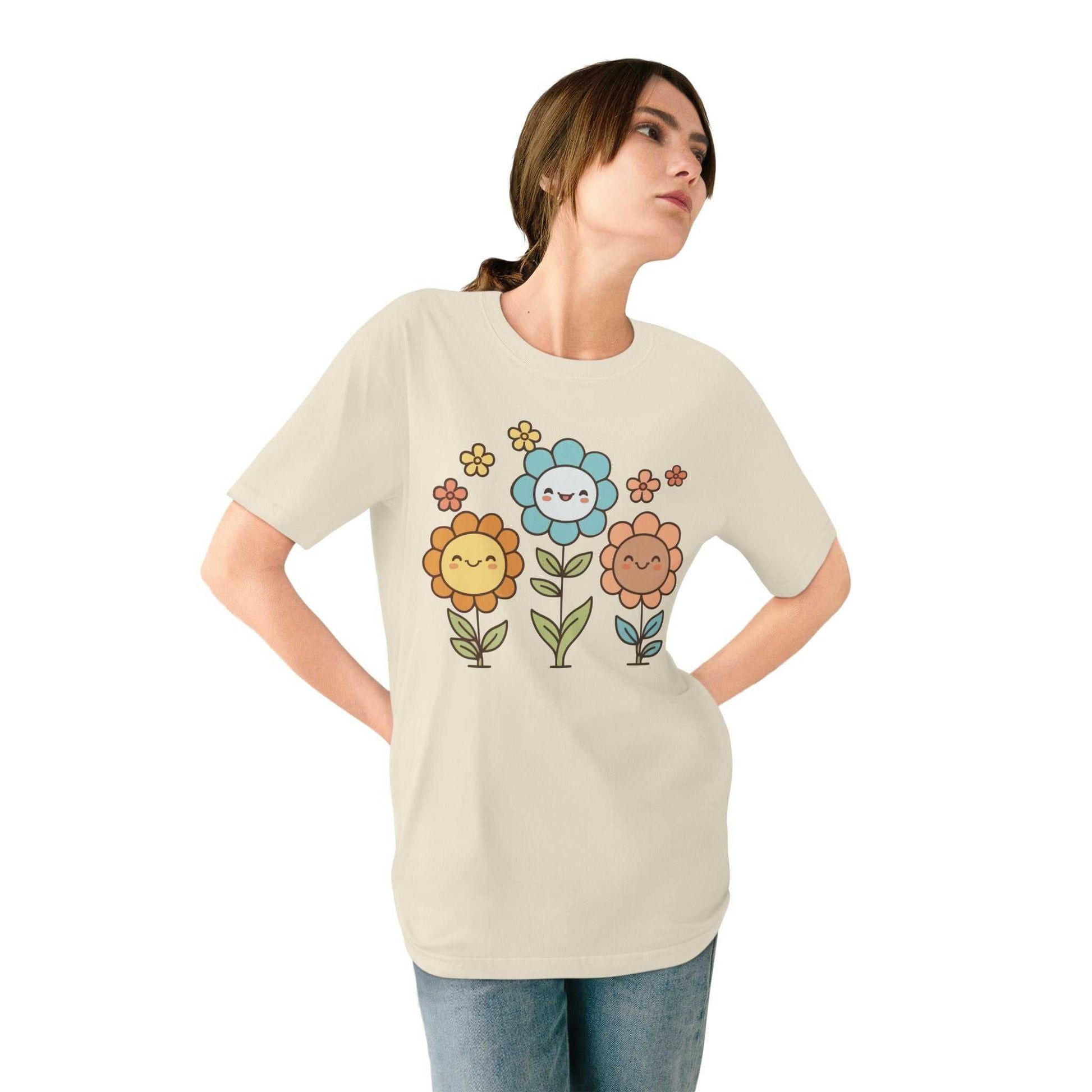 Eco-friendly organic t-shirt with cute floral smiley design for stylish comfort.
