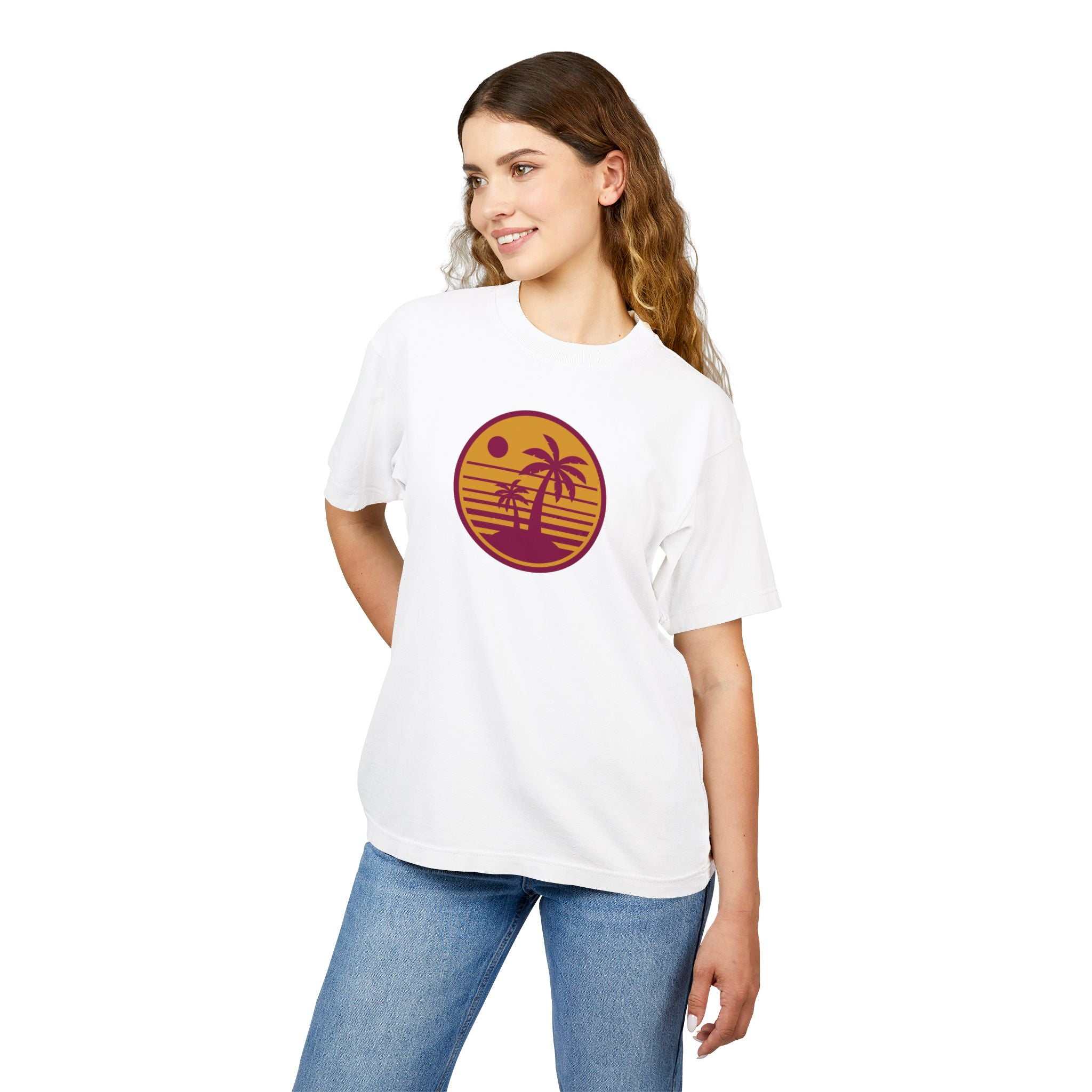 Unisex Urban Heavy Tee with retro sunset palm tree design on white background, featuring a stylish and comfortable fit.
