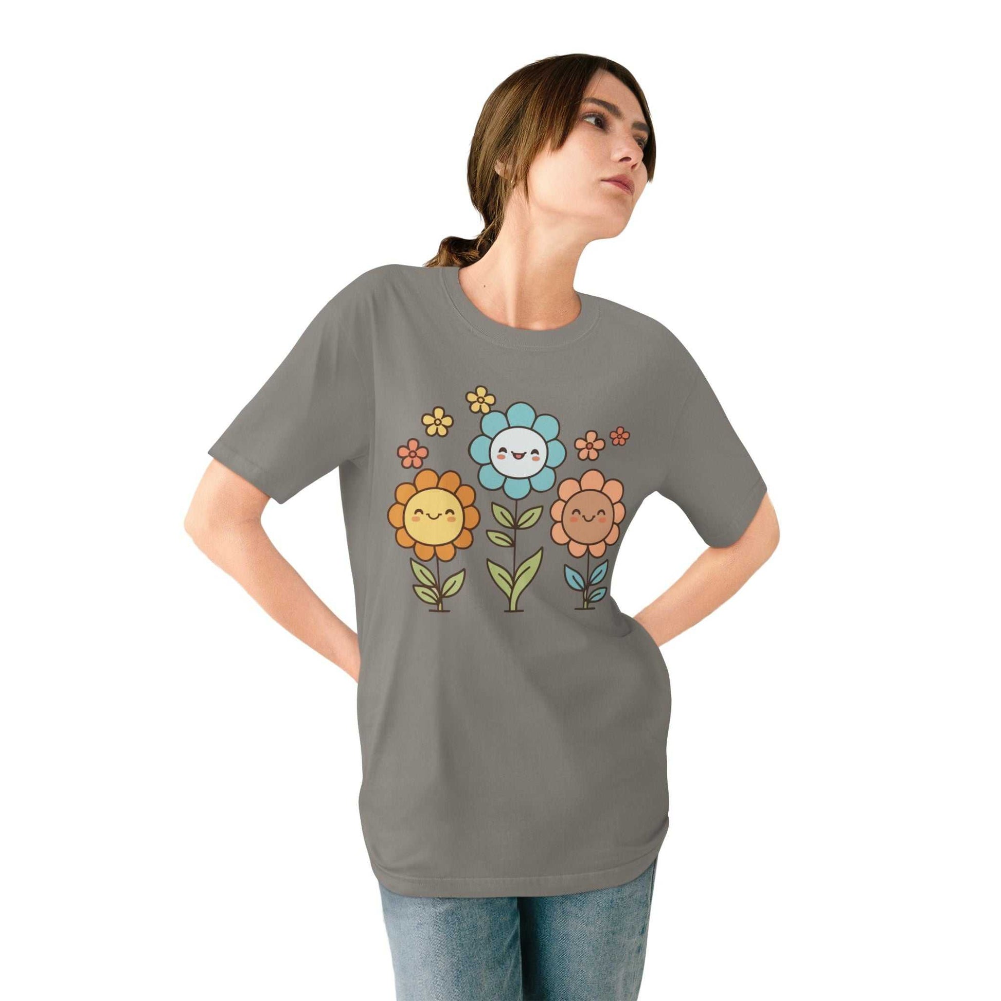 Eco-friendly organic t-shirt with cute floral smiley design, made of 100% organic cotton.
