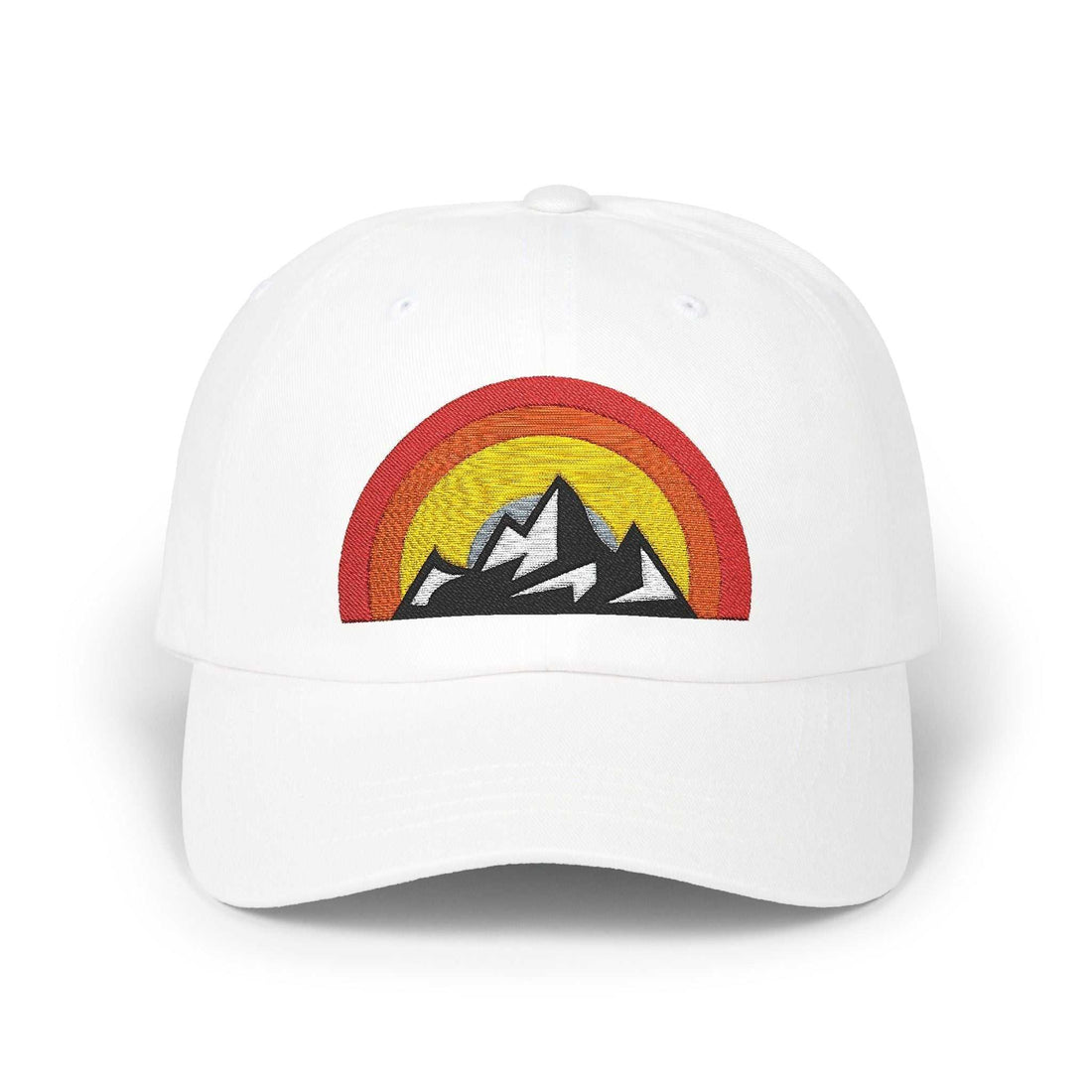 Vintage mountain sunset design on a white dad cap.