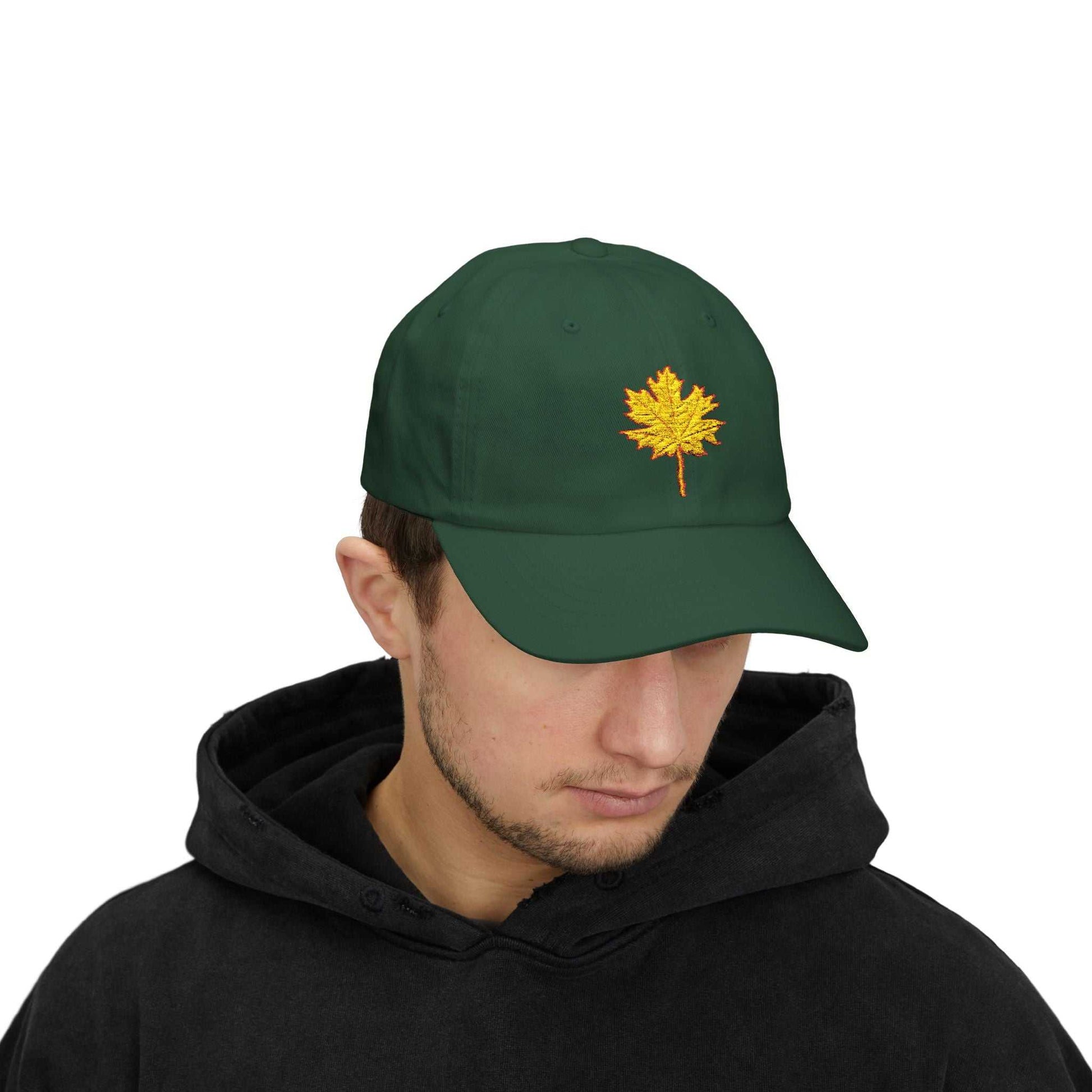 Green Maple Leaf Dad Cap with adjustable fit and precurved visor, featuring a maple leaf embroidery for casual style.