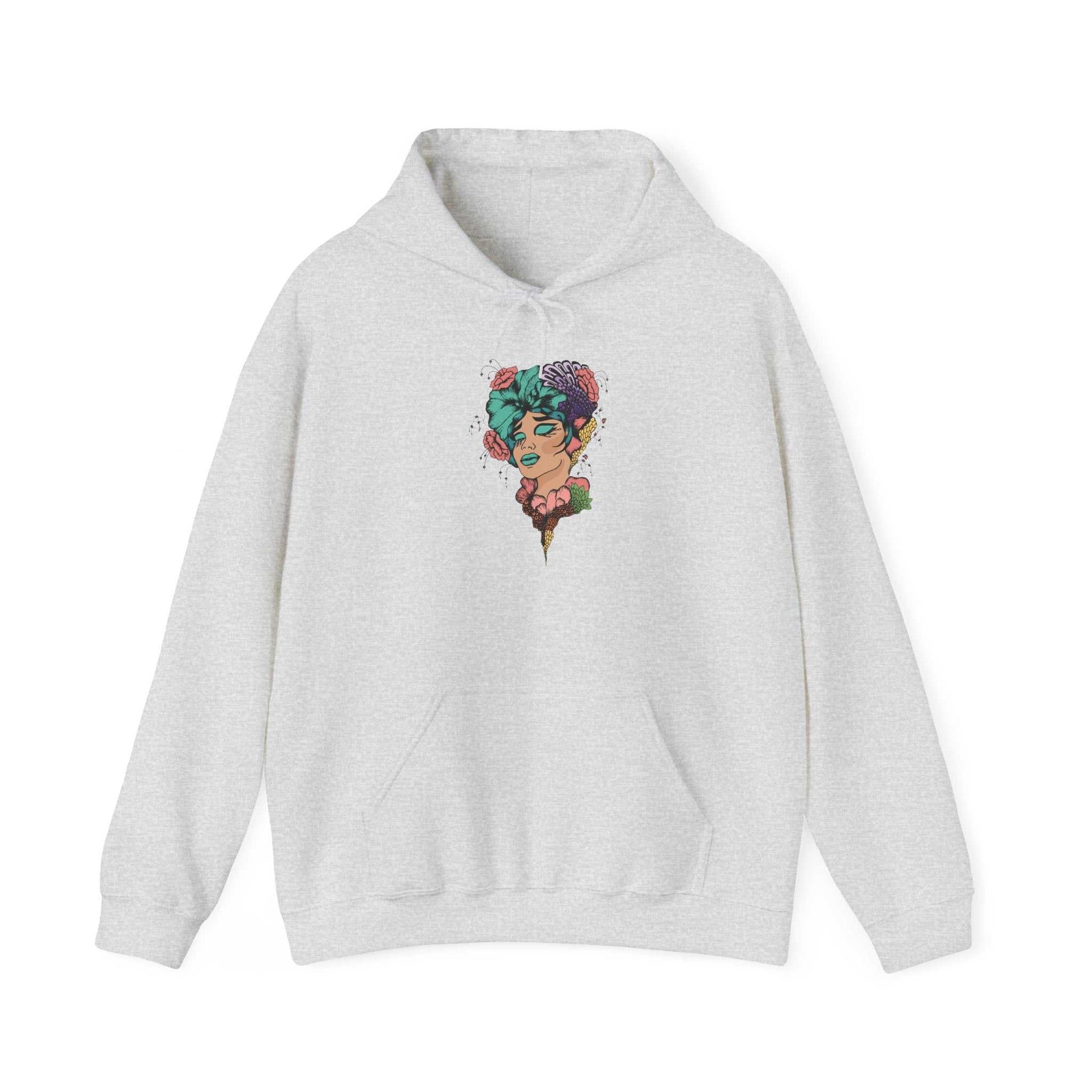 Boho Style Hooded Sweatshirt with colorful design, unisex, featuring kangaroo pocket and adjustable drawstring, perfect for all seasons.