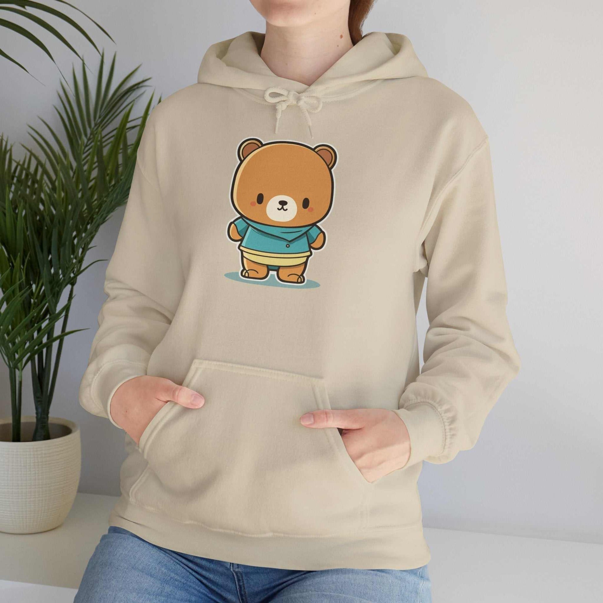 Heavy hooded teddy sweatshirt with plush design and kangaroo pocket.