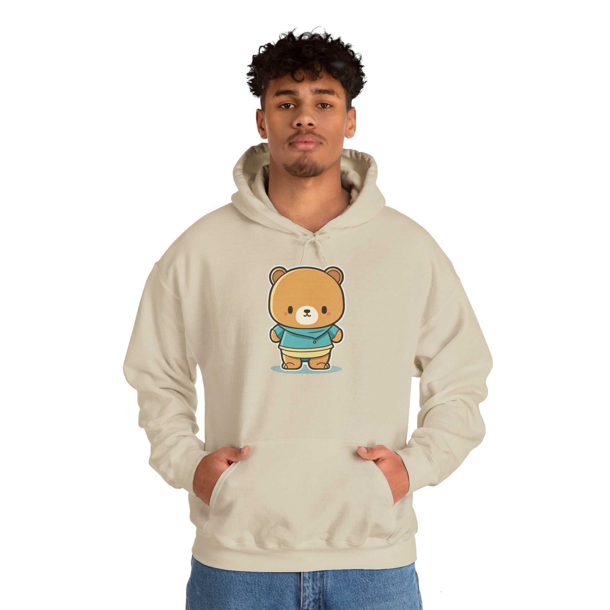 Heavy hooded teddy sweatshirt with teddy bear graphic, featuring a cozy blend of cotton and polyester.