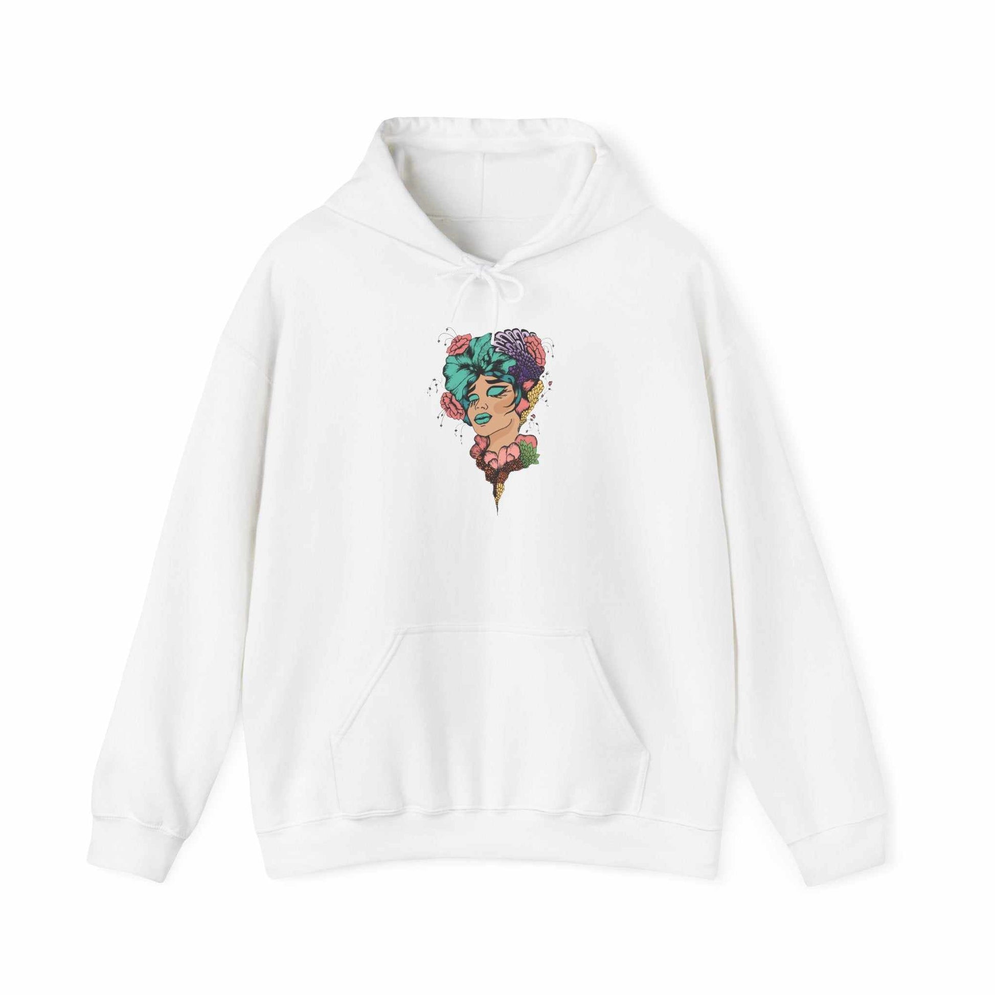 Boho style hooded sweatshirt with vibrant design and kangaroo pocket.
