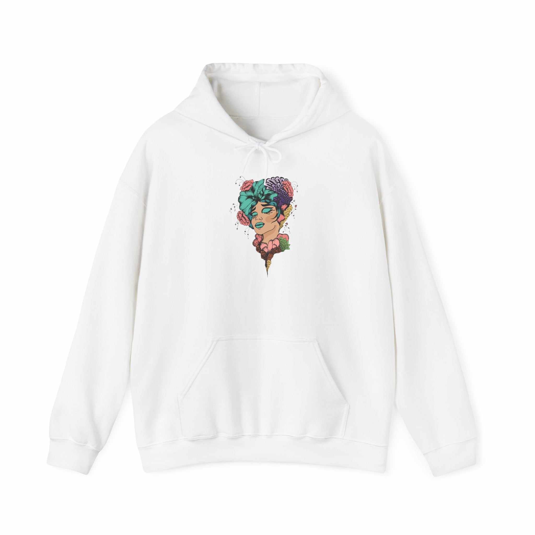 Boho style hooded sweatshirt with vibrant design and kangaroo pocket.