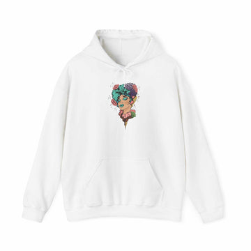 Boho style hooded sweatshirt with vibrant design and kangaroo pocket.