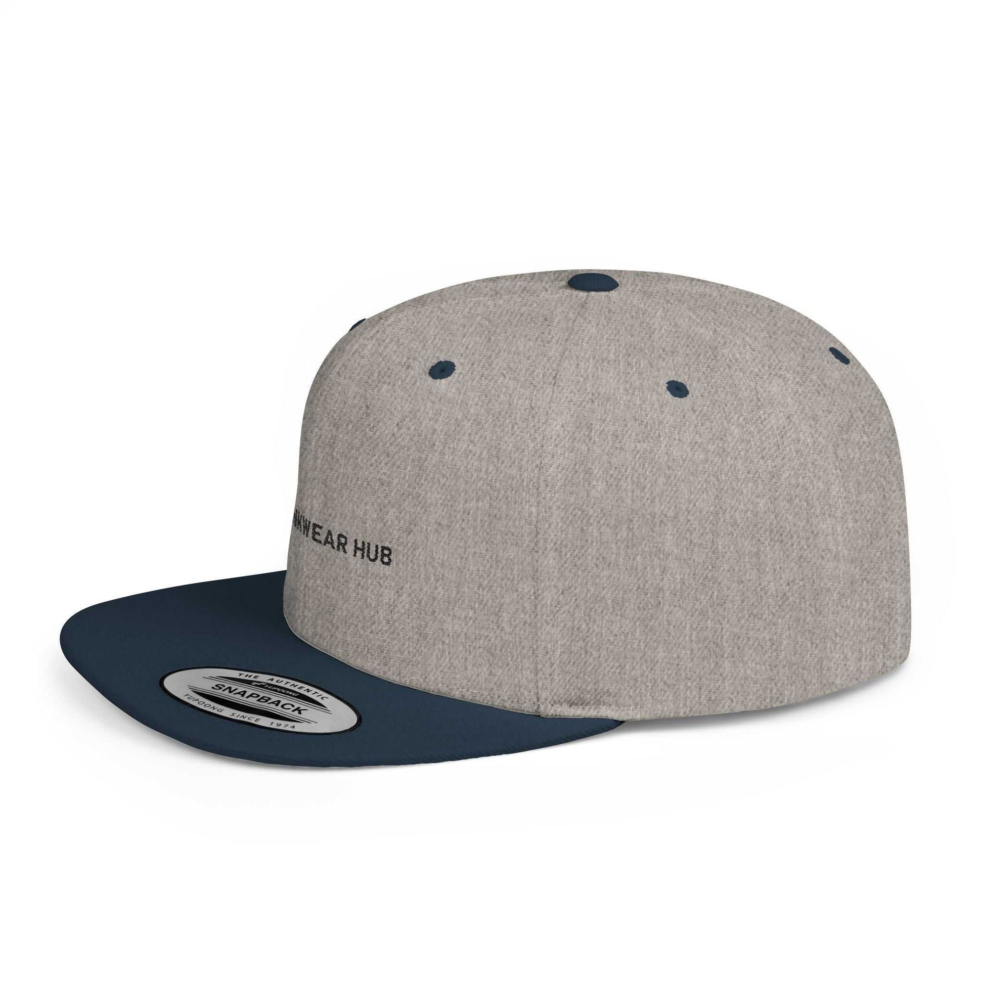Stylish flat bill snapback cap from Ink Wear Hub with adjustable closure, shown in gray and navy design, ideal for everyday wear.