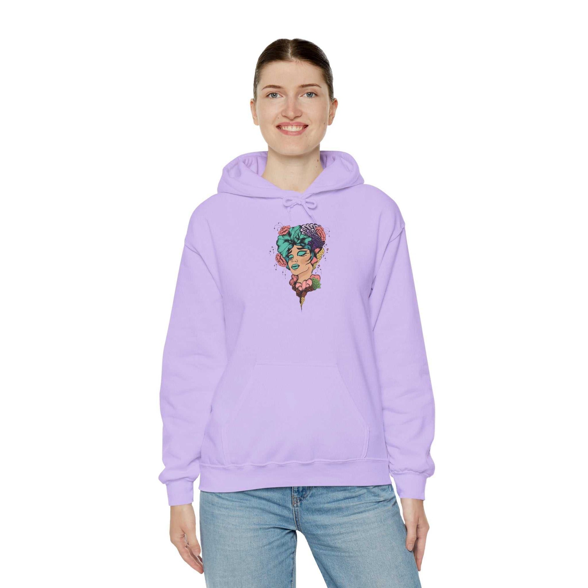 Boho Style hooded sweatshirt with vibrant design, unisex fit, purple color.
