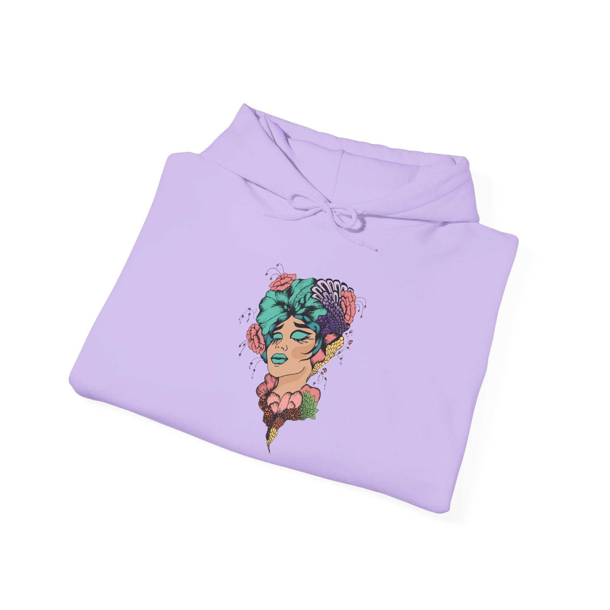 Boho Style Hooded Sweatshirt with colorful design and adjustable drawstring hood.