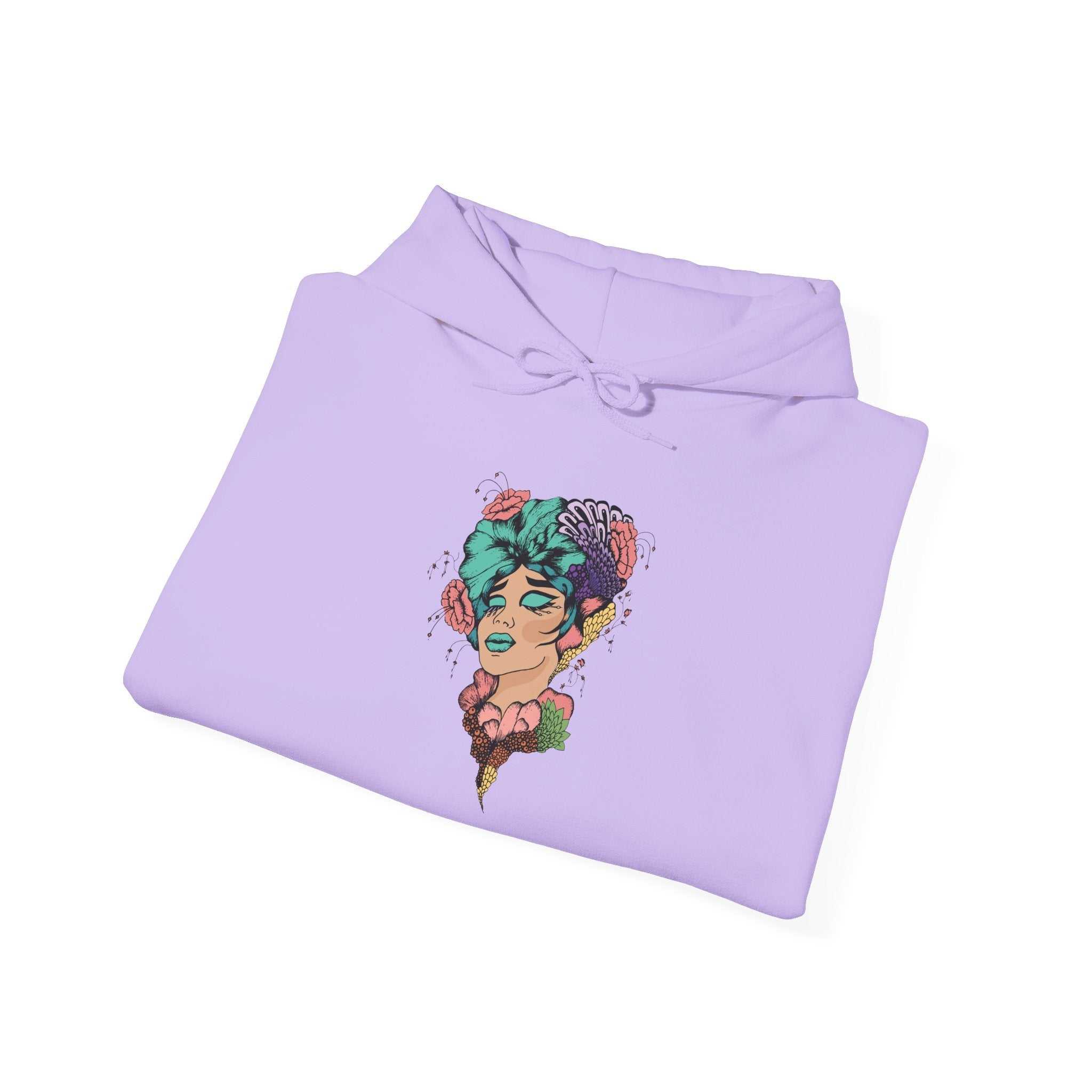 Boho Style Hooded Sweatshirt with colorful design and adjustable drawstring hood.