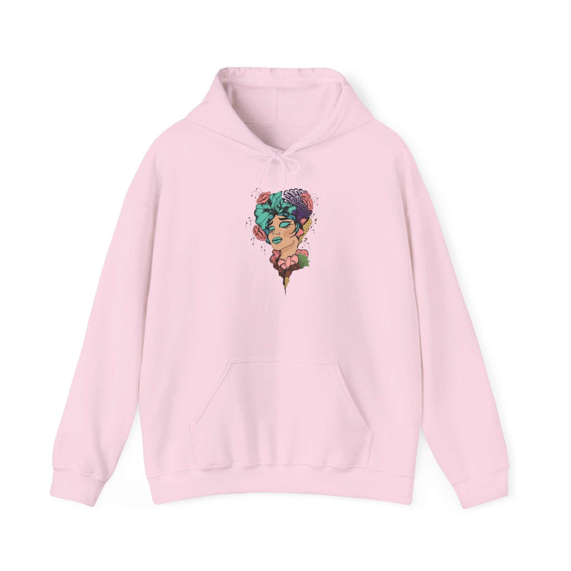 Boho style hooded sweatshirt with unique design and adjustable drawstring.