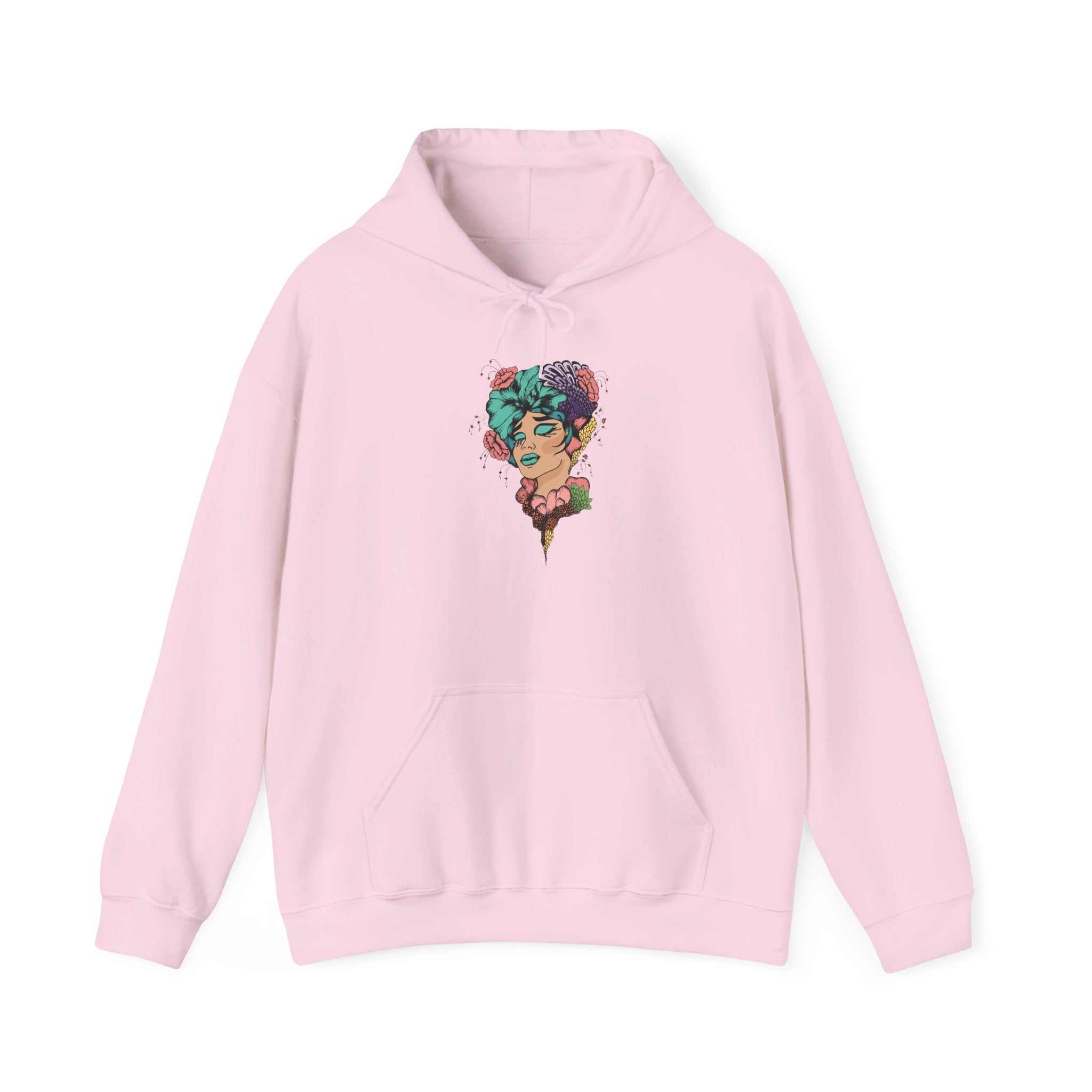 Boho style hooded sweatshirt with unique design and adjustable drawstring.