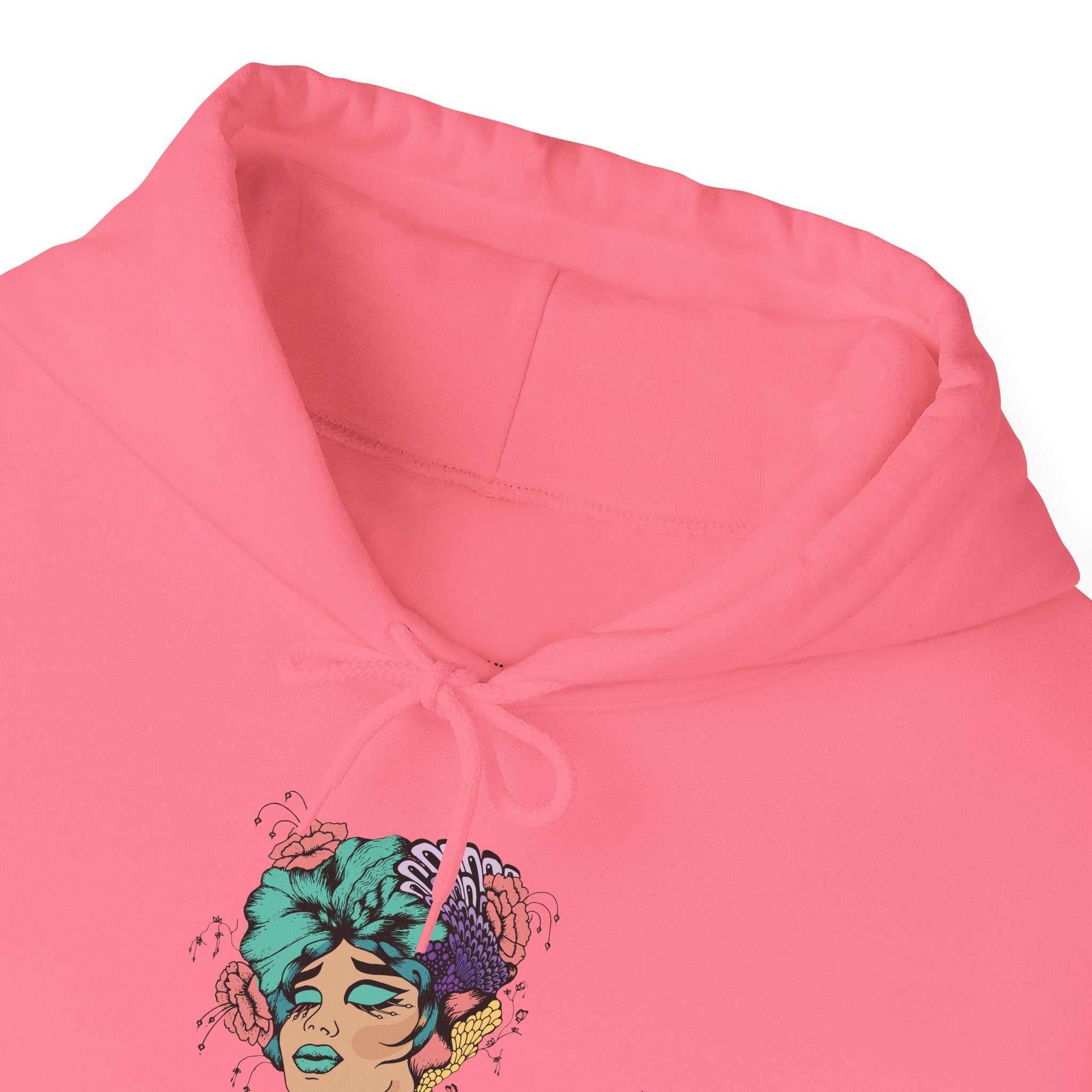 Boho style hooded sweatshirt with vibrant design, unisex fit, and drawstring hood.