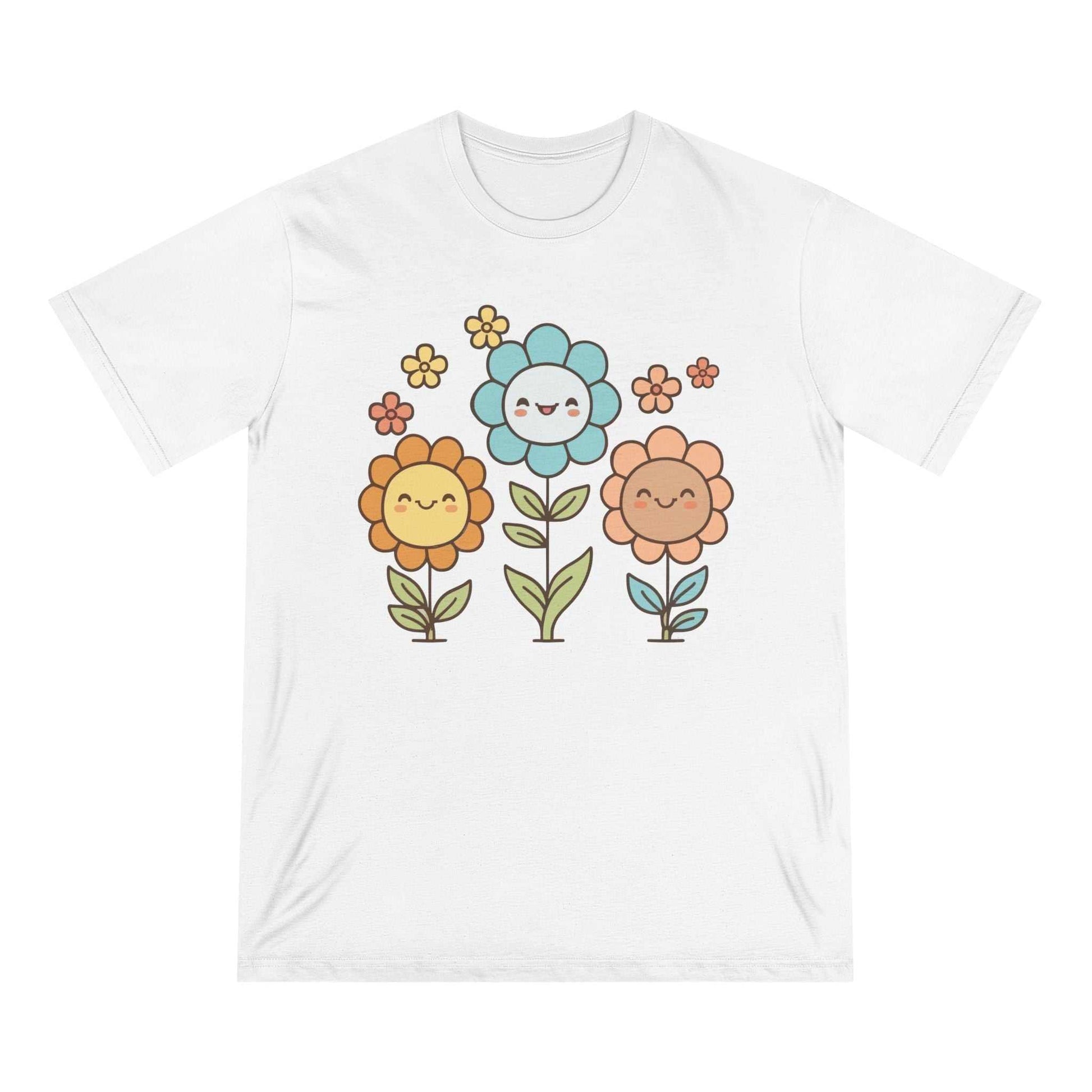 Cute floral smiley design on white organic t-shirt, eco-friendly fashion.