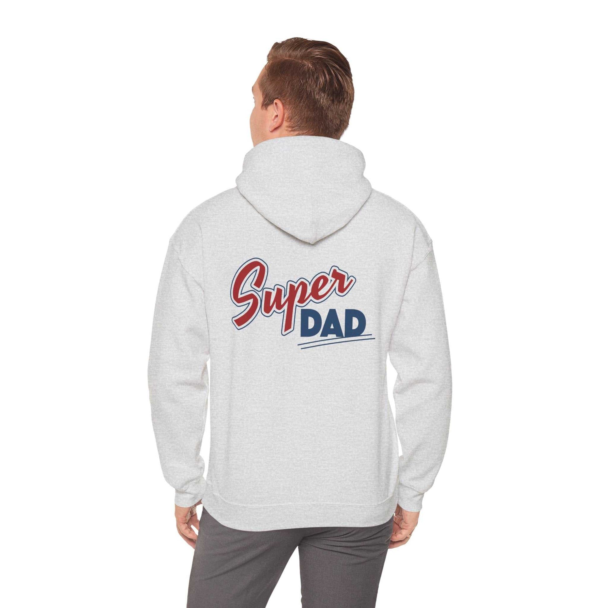 Super Dad Hoodie with vibrant graphic design celebrating dads, ideal gift for Father's Day, shown on model from the back.