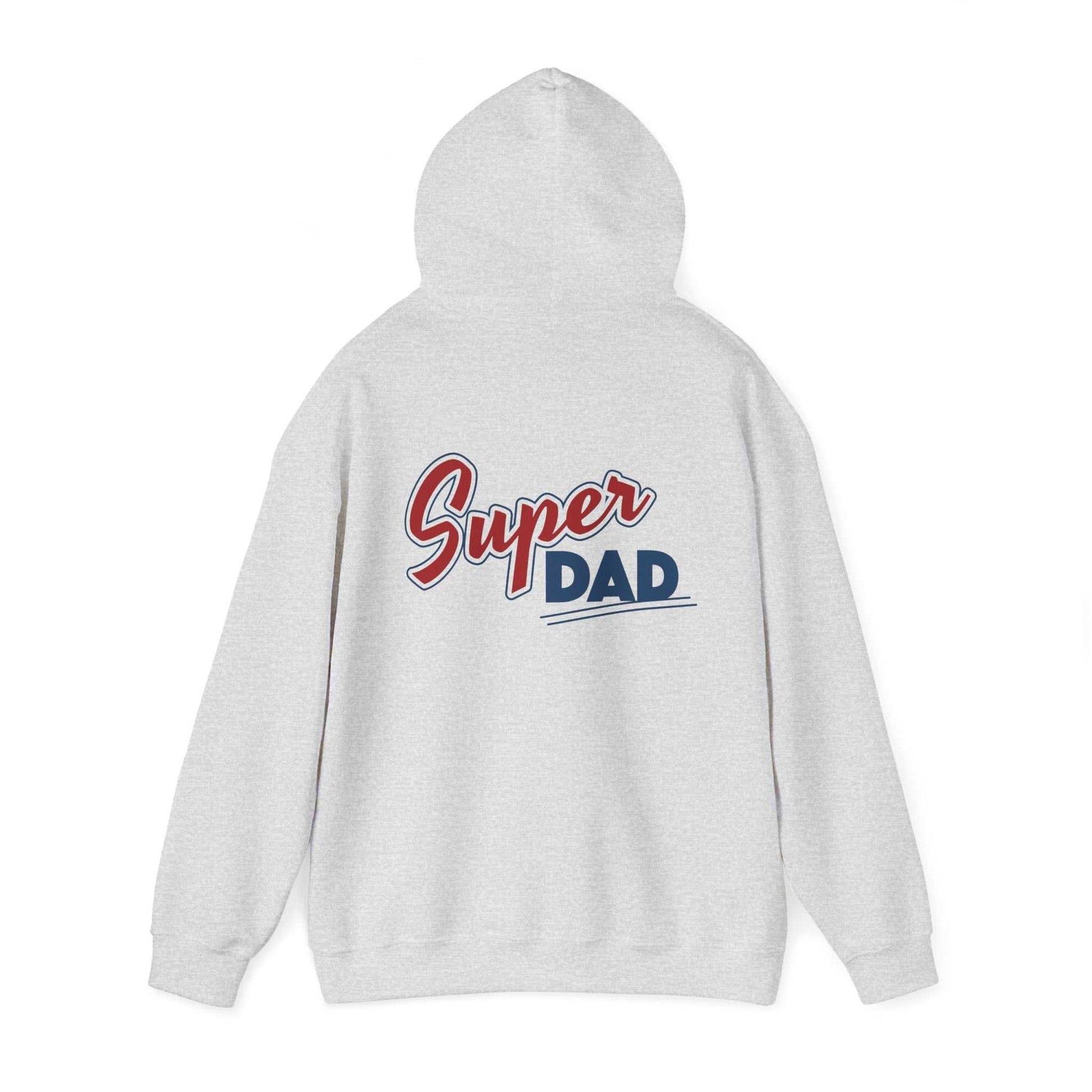 Gray "#1 Super Dad" hoodie with "Super Dad" graphic on back, heavy blend, ideal for Father's Day.